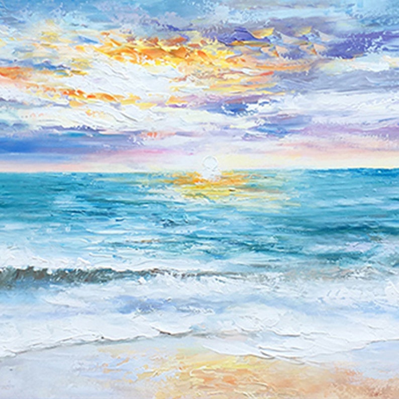 Vibrant Ocean Sunset Oil Painting – Serene Coastal Wave Art for Home Decor