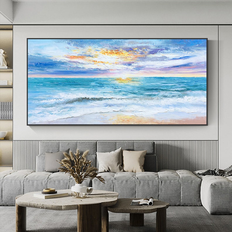 Vibrant Ocean Sunset Oil Painting – Serene Coastal Wave Art for Home Decor