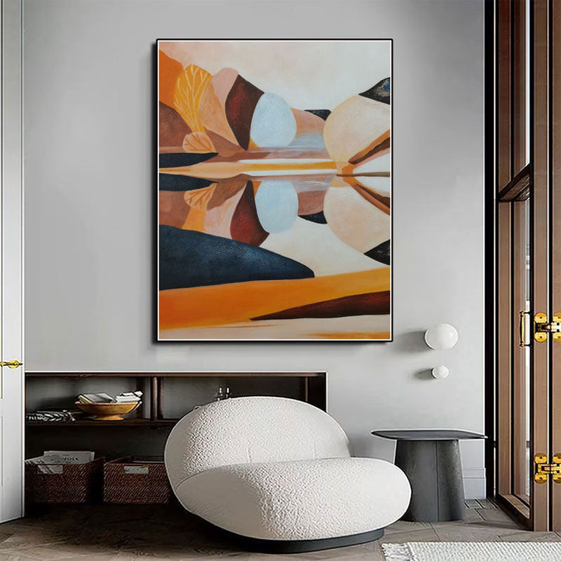 Tranquil Landscape Oil Painting with Serene Water Reflections in Warm Tones