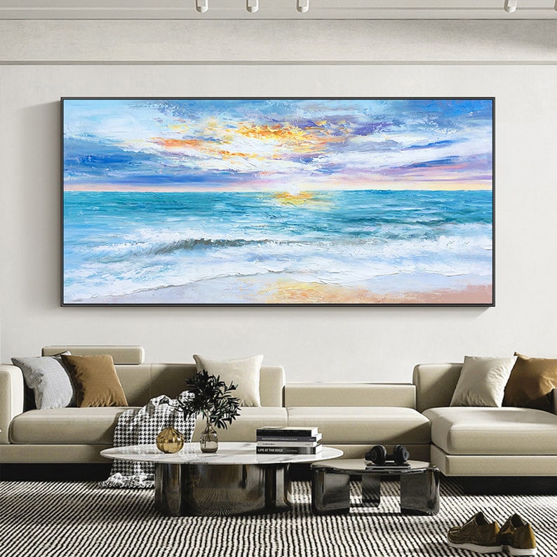 Vibrant Ocean Sunset Oil Painting – Serene Coastal Wave Art for Home Decor