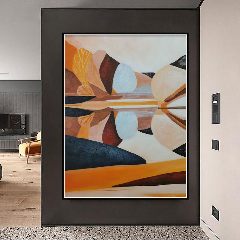 Tranquil Landscape Oil Painting with Serene Water Reflections in Warm Tones