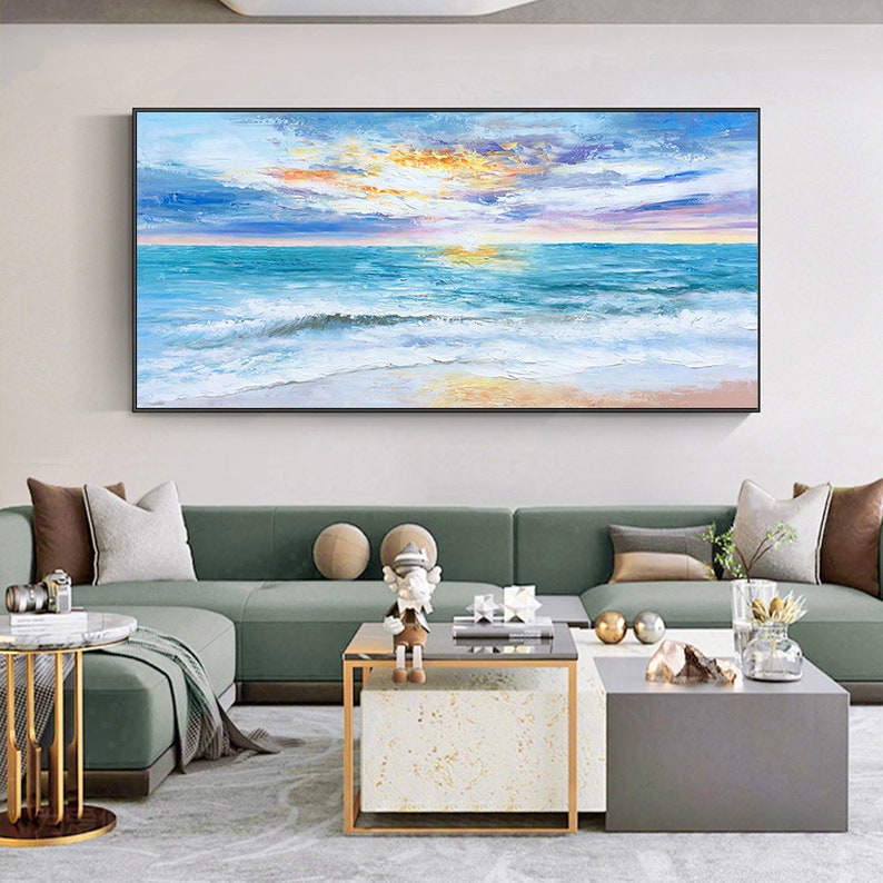 Vibrant Ocean Sunset Oil Painting – Serene Coastal Wave Art for Home Decor