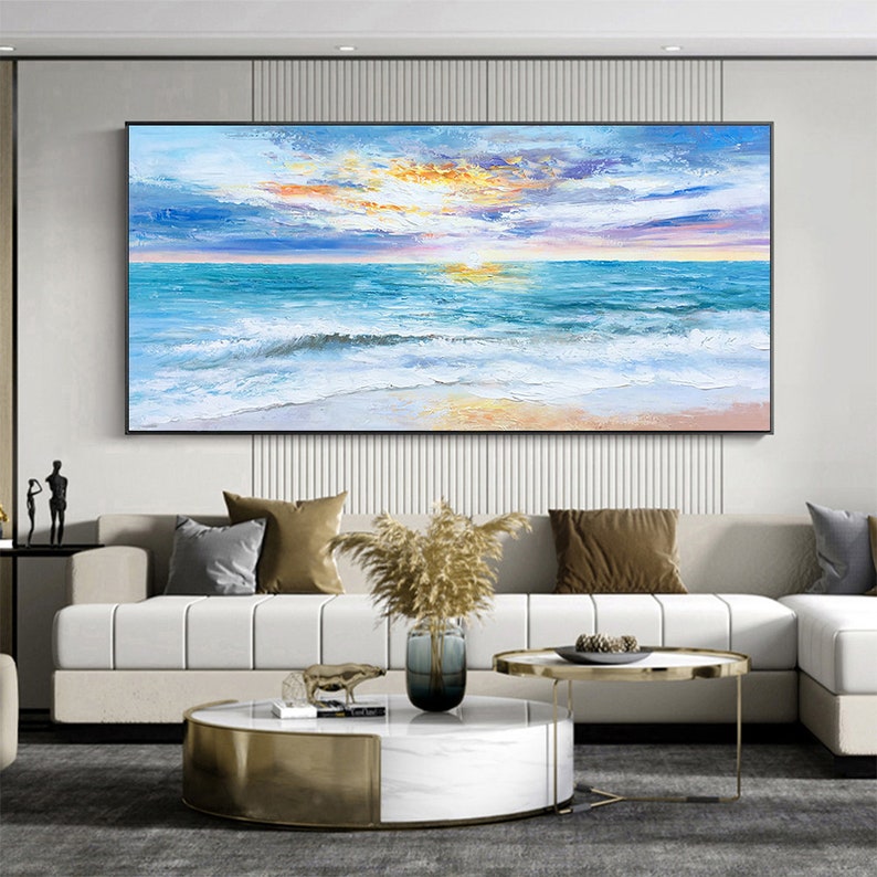 Vibrant Ocean Sunset Oil Painting – Serene Coastal Wave Art for Home Decor