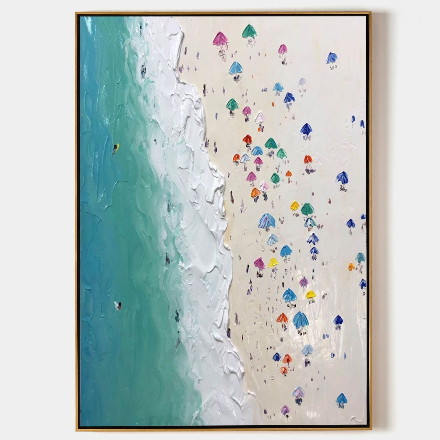 Vibrant Coastal Escape Oil Painting with Colorful Beach Umbrellas