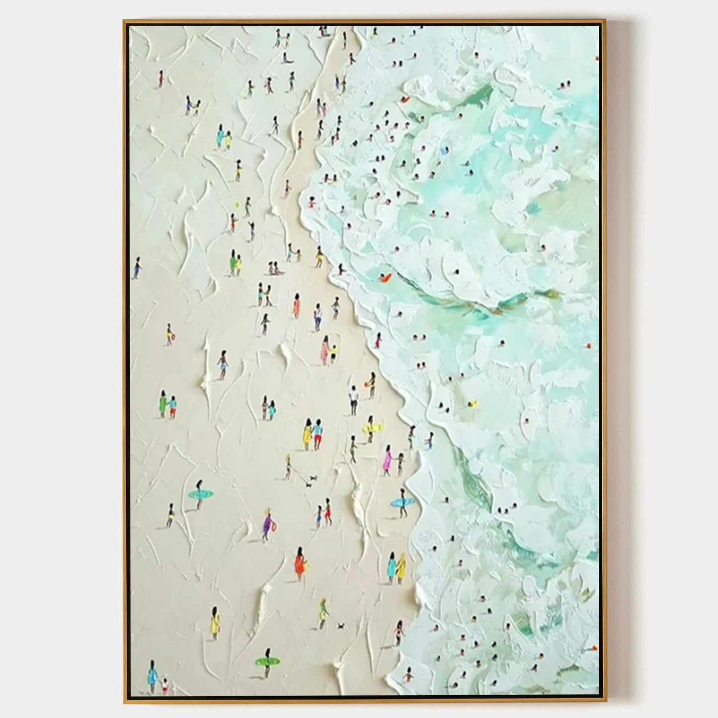 Vibrant Beach Scene Oil Painting with Textured Ocean Waves and Colorful Bathers