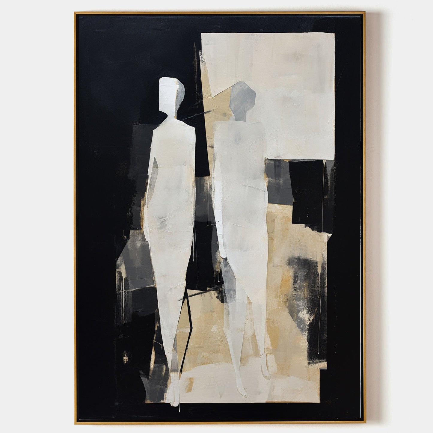Modern Abstract Oil Painting of Figures in Minimalist Black and White Composition