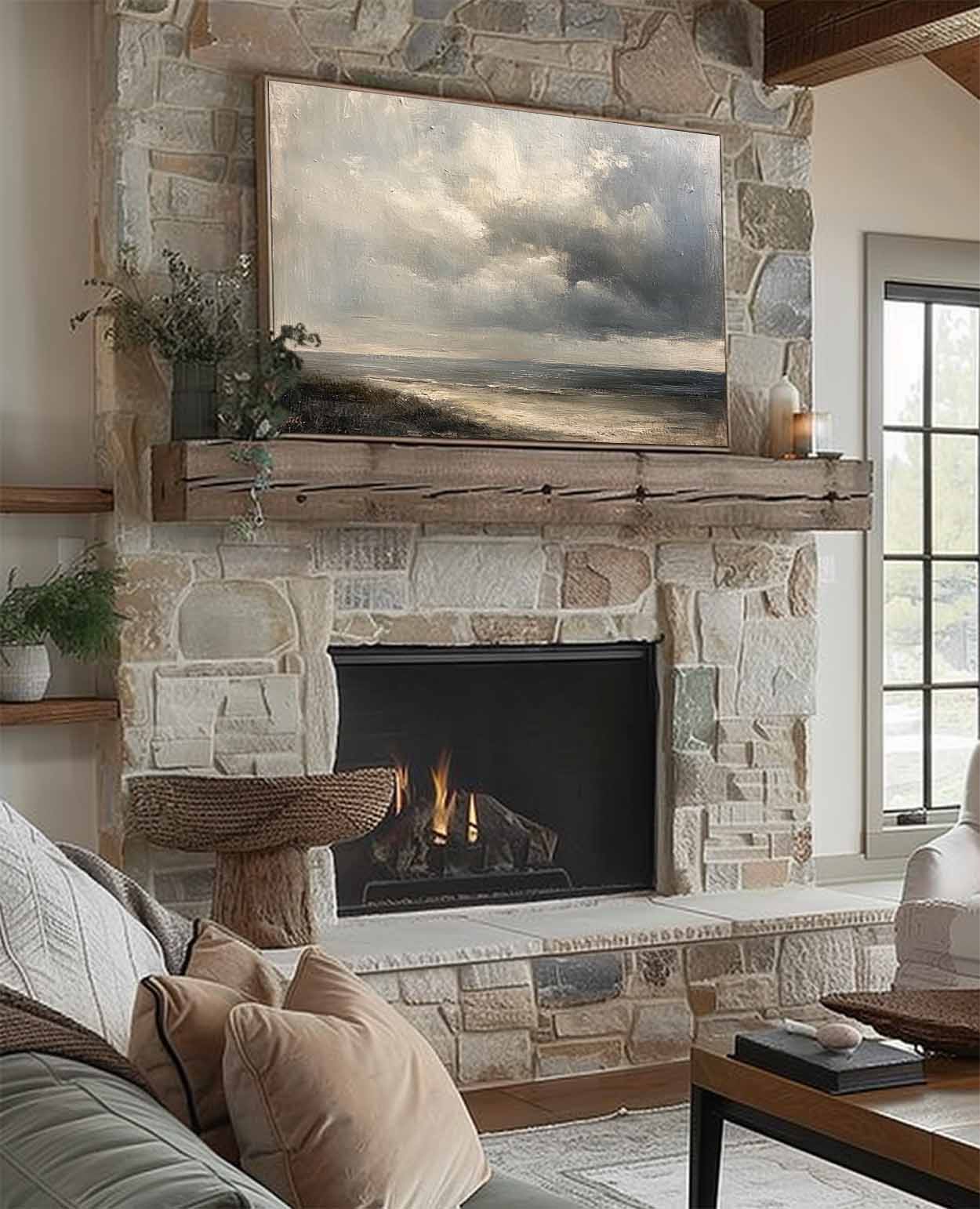 Serene Coastal Landscape Oil Painting with Dramatic Cloud Detail