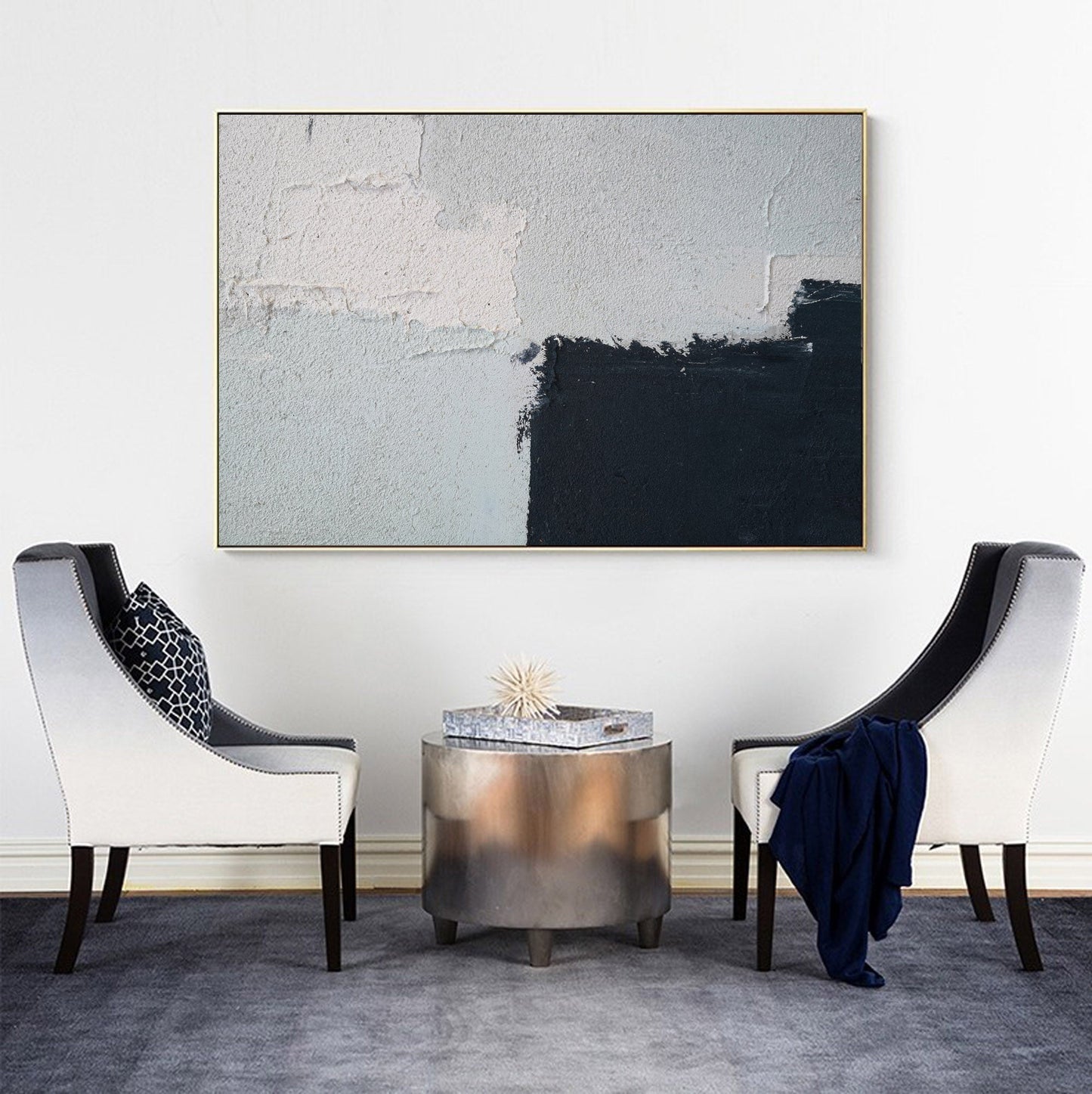 Contemporary Minimalist Abstract Oil Painting in Black and White Tones