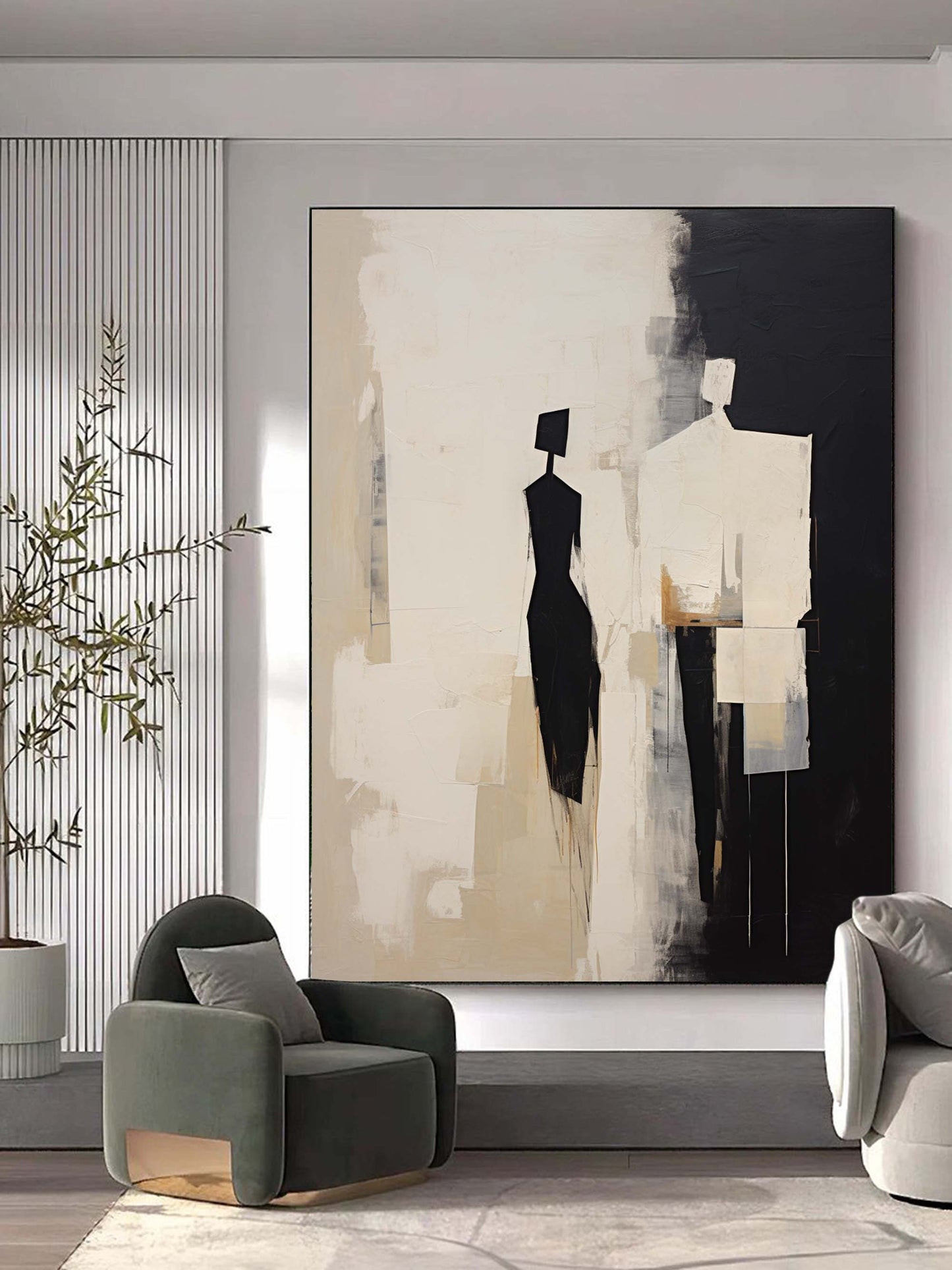 Elegant Black and White Contemporary Minimalist Oil Painting for Modern Decor