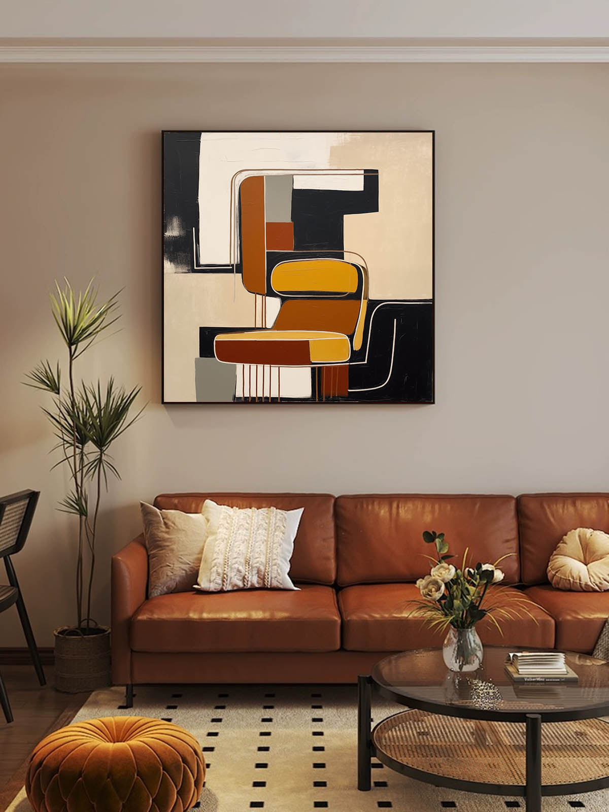 Contemporary Vintage Abstract Oil Painting with Bold Geometric Shapes