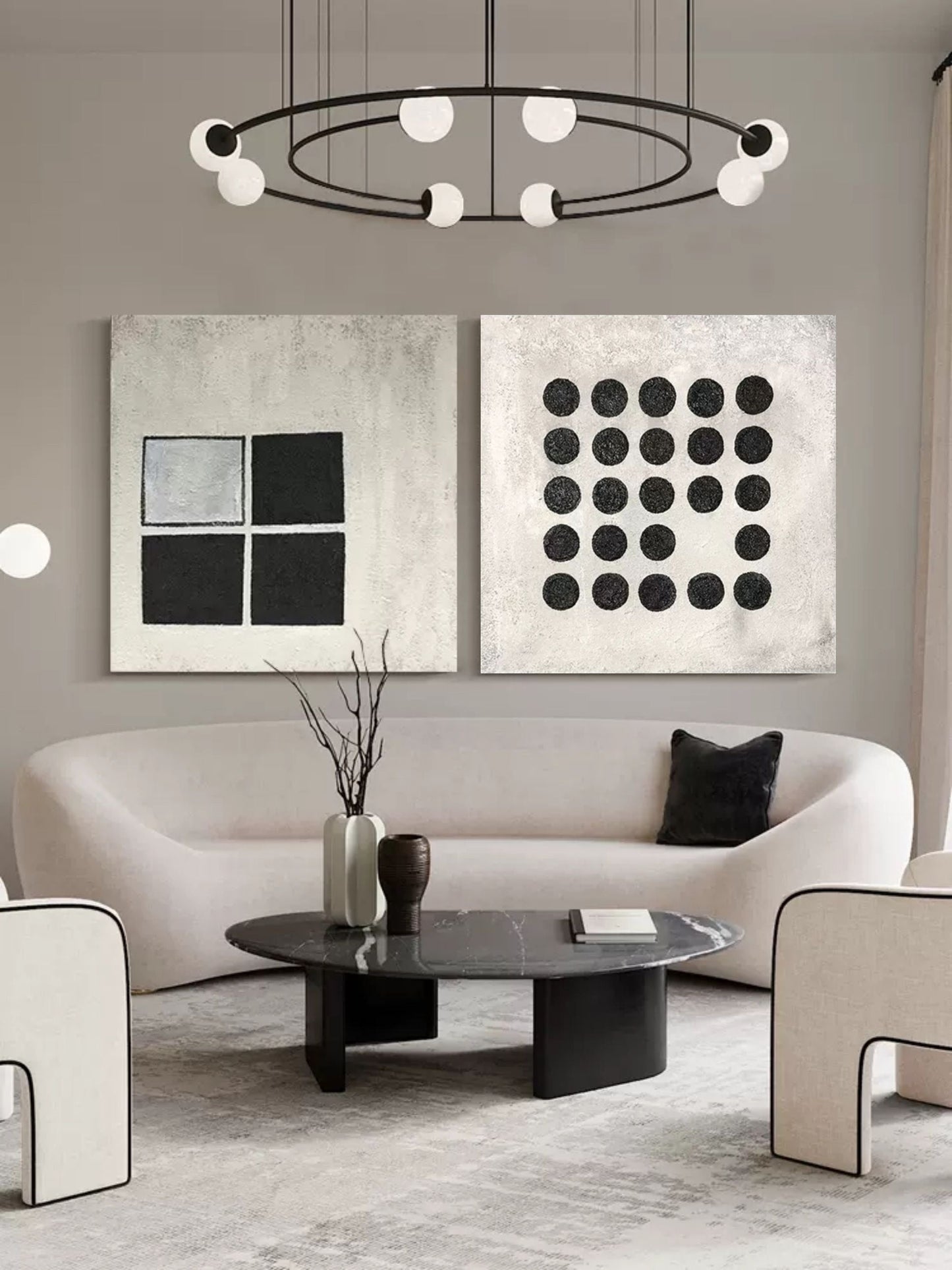 Modern Abstract Duo - Black and White Geometric Oil Paintings for Contemporary Decor