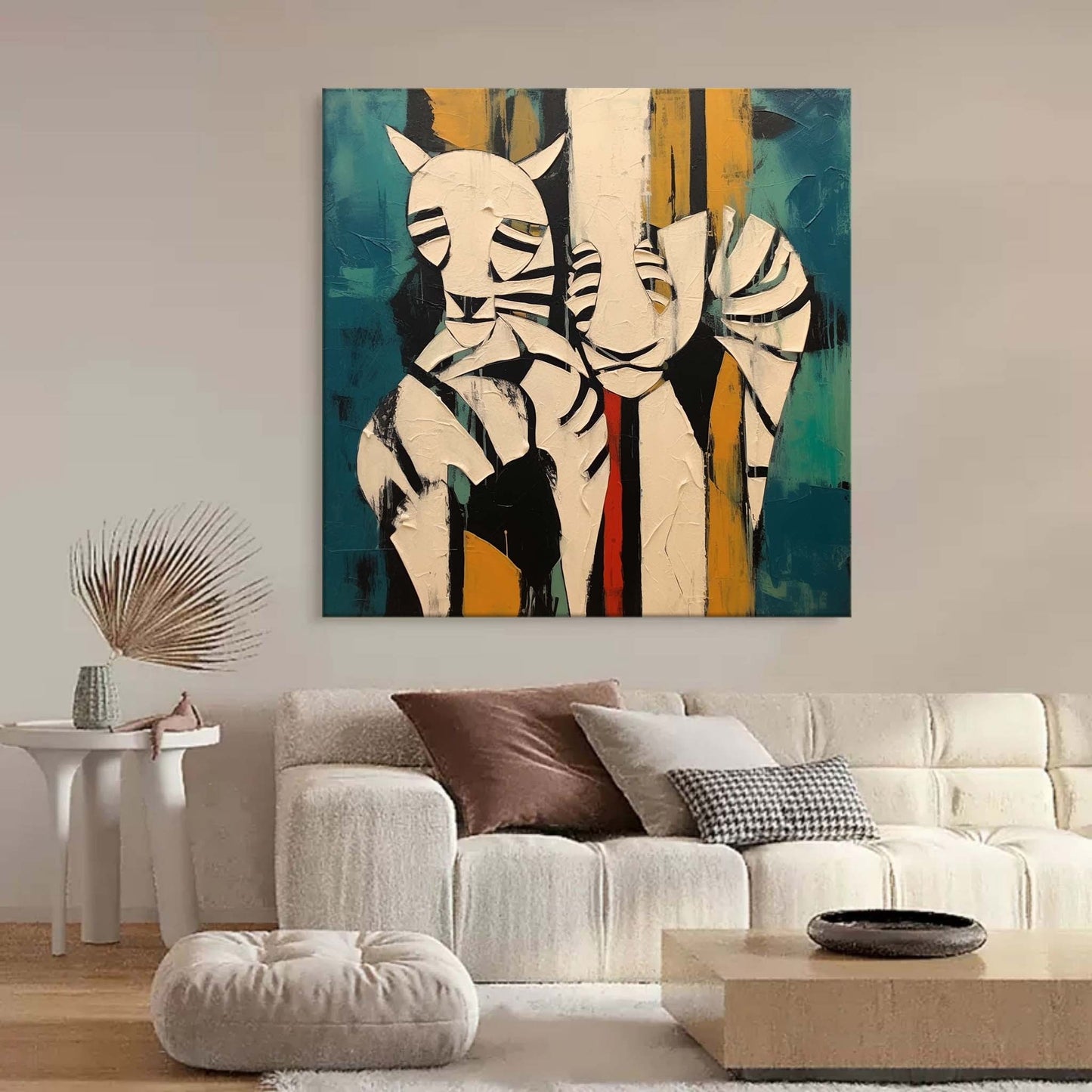 Colorful Abstract Oil Painting of Playful Whimsical Animals on Canvas