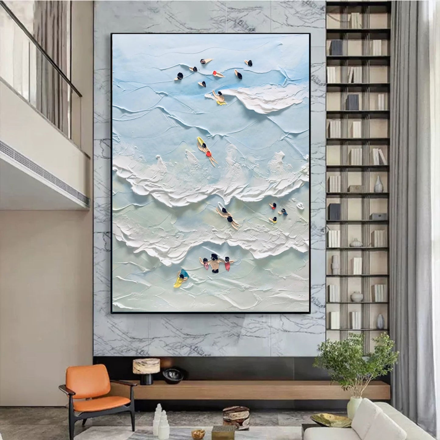 Abstract Coastal Scene with Swimmers - Textured Oil Painting Art