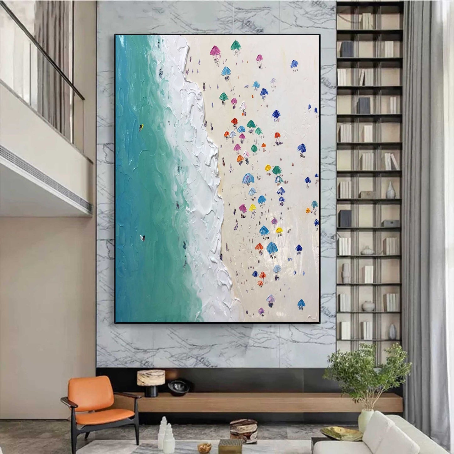 Vibrant Coastal Escape Oil Painting with Colorful Beach Umbrellas