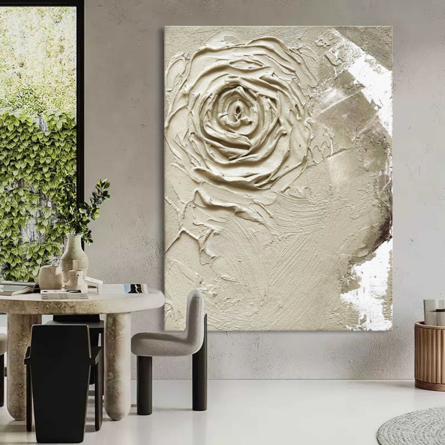 Textured Floral Elegance - Cream Rose Oil Painting for Timeless Home Decor