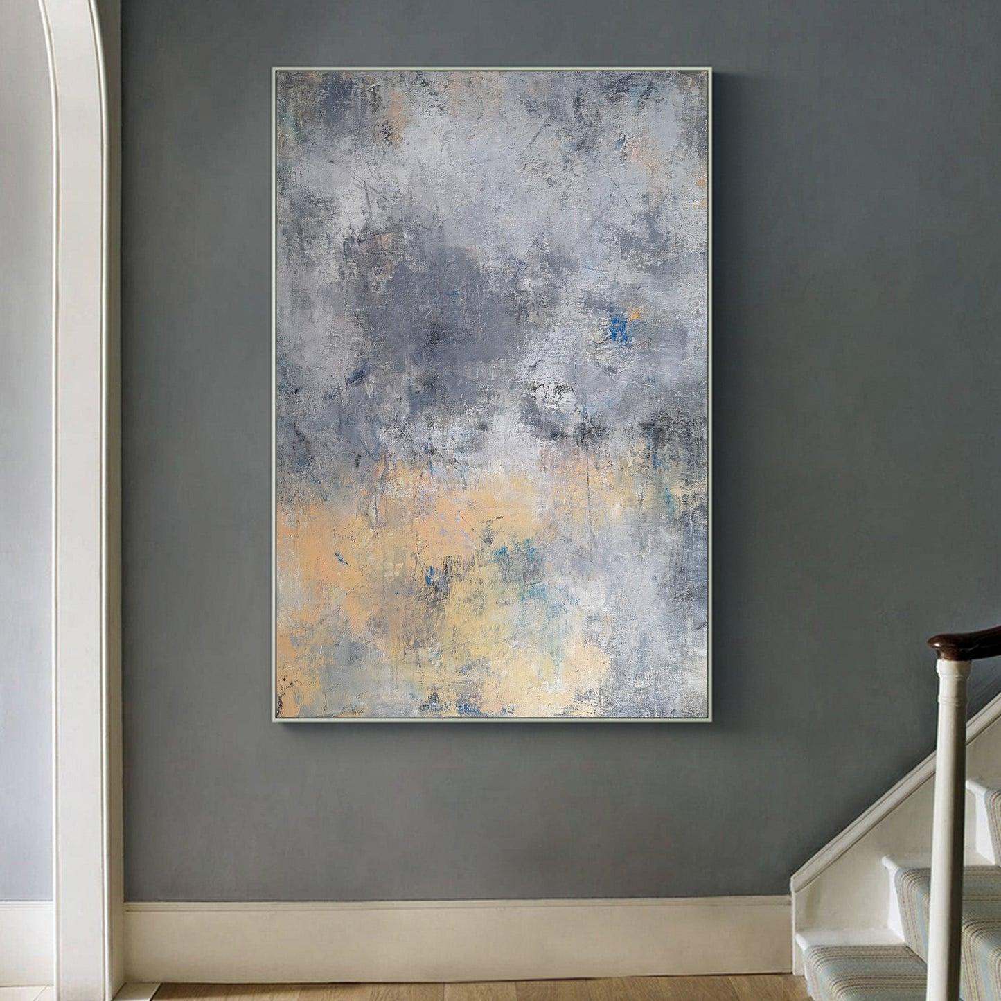 Contemporary Grey and Yellow Abstract Oil Painting for Modern Home Decor