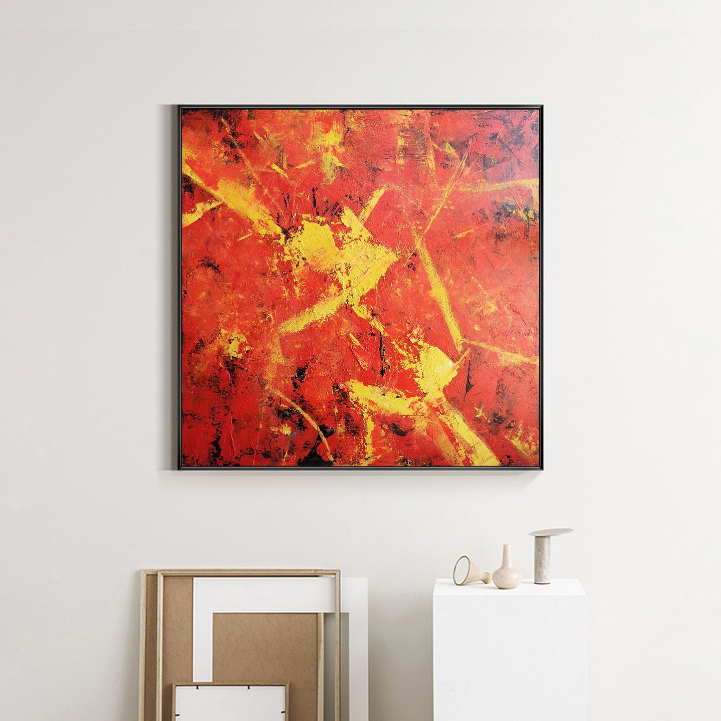 Vibrant Red and Yellow Abstract Oil Painting for Home Décor