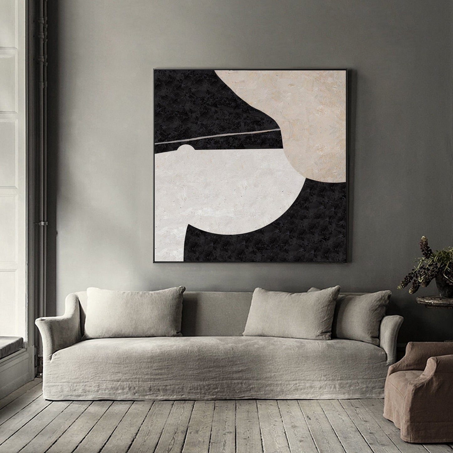 Large Minimalist Black and White Oil Painting for Modern Home Decor