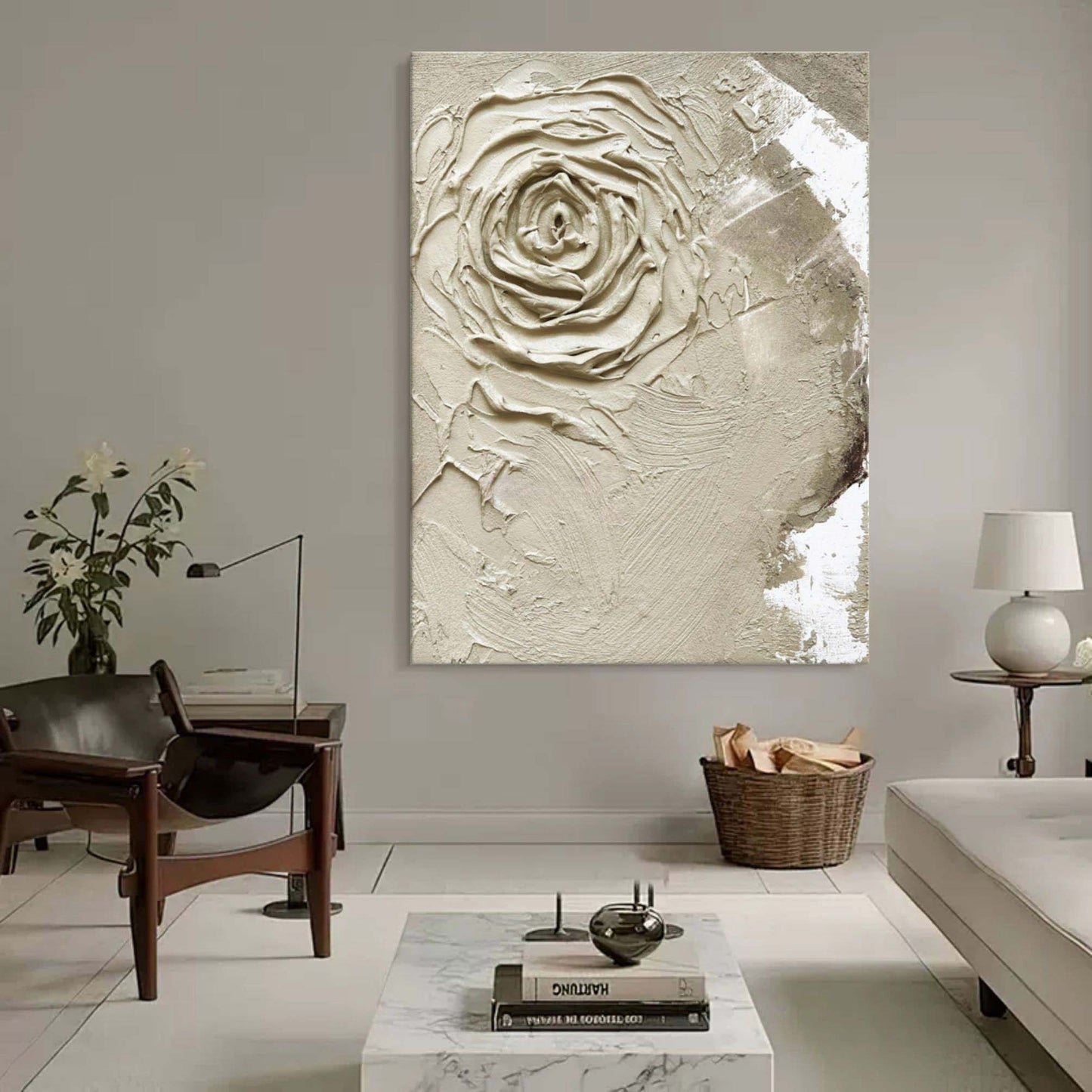 Textured Floral Elegance - Cream Rose Oil Painting for Timeless Home Decor
