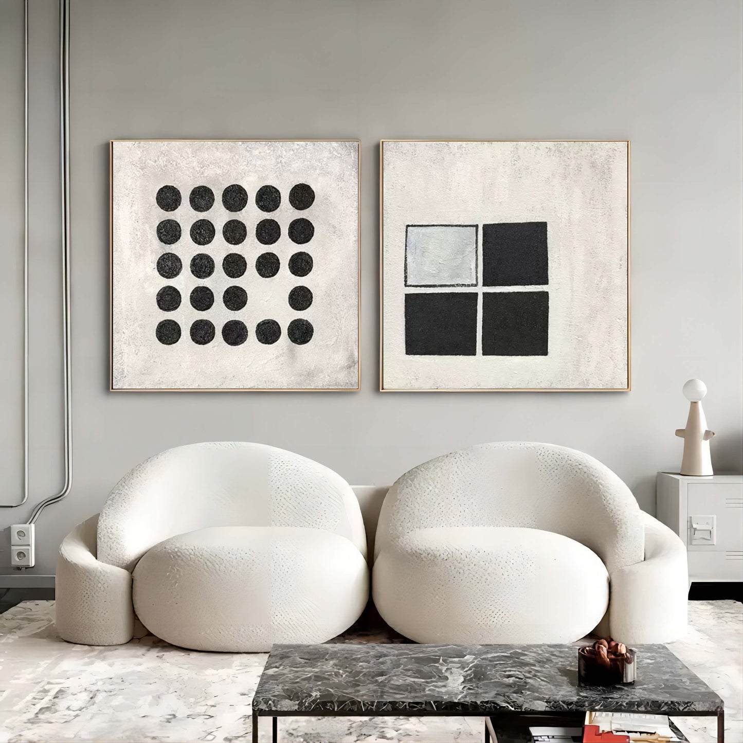 Modern Abstract Duo - Black and White Geometric Oil Paintings for Contemporary Decor