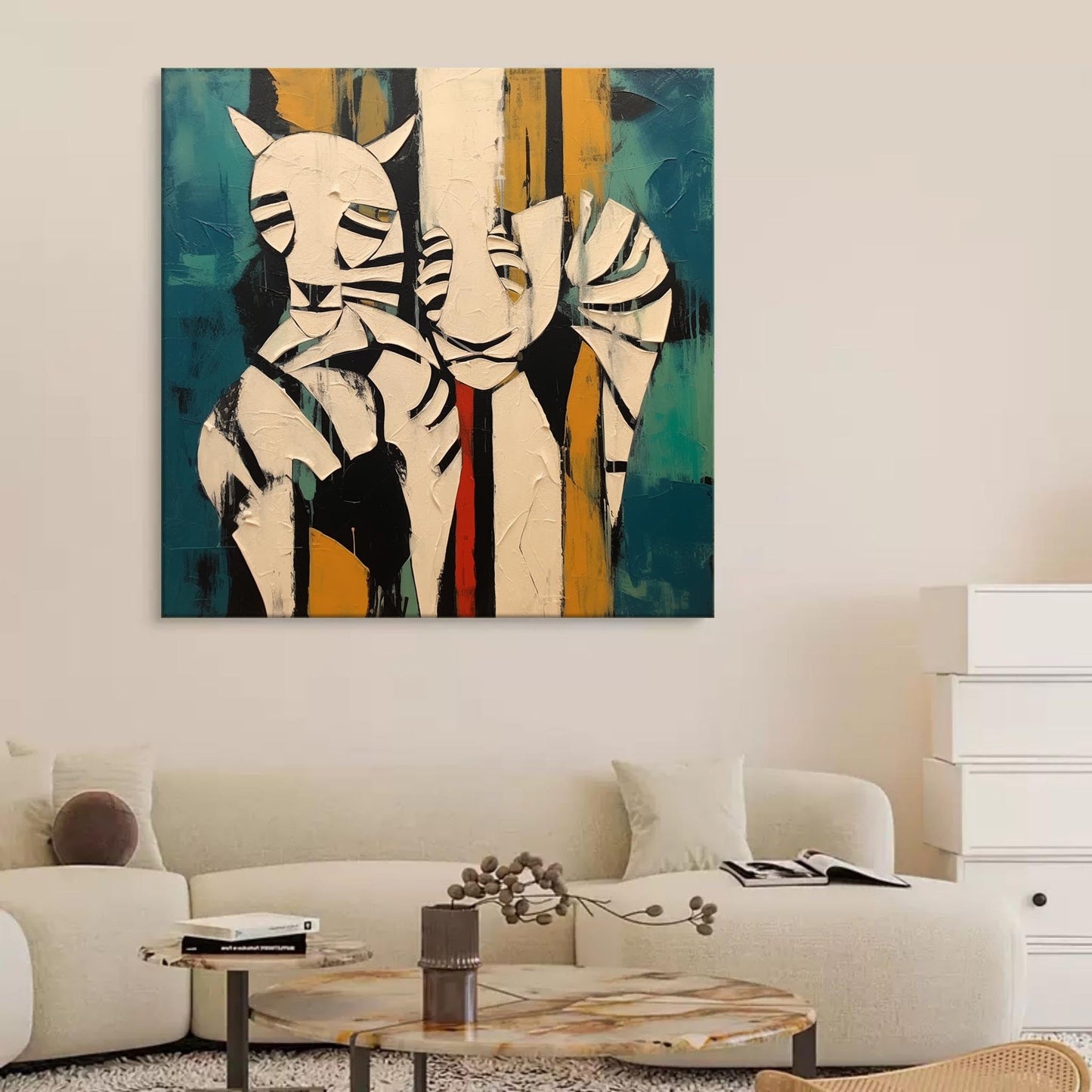 Colorful Abstract Oil Painting of Playful Whimsical Animals on Canvas