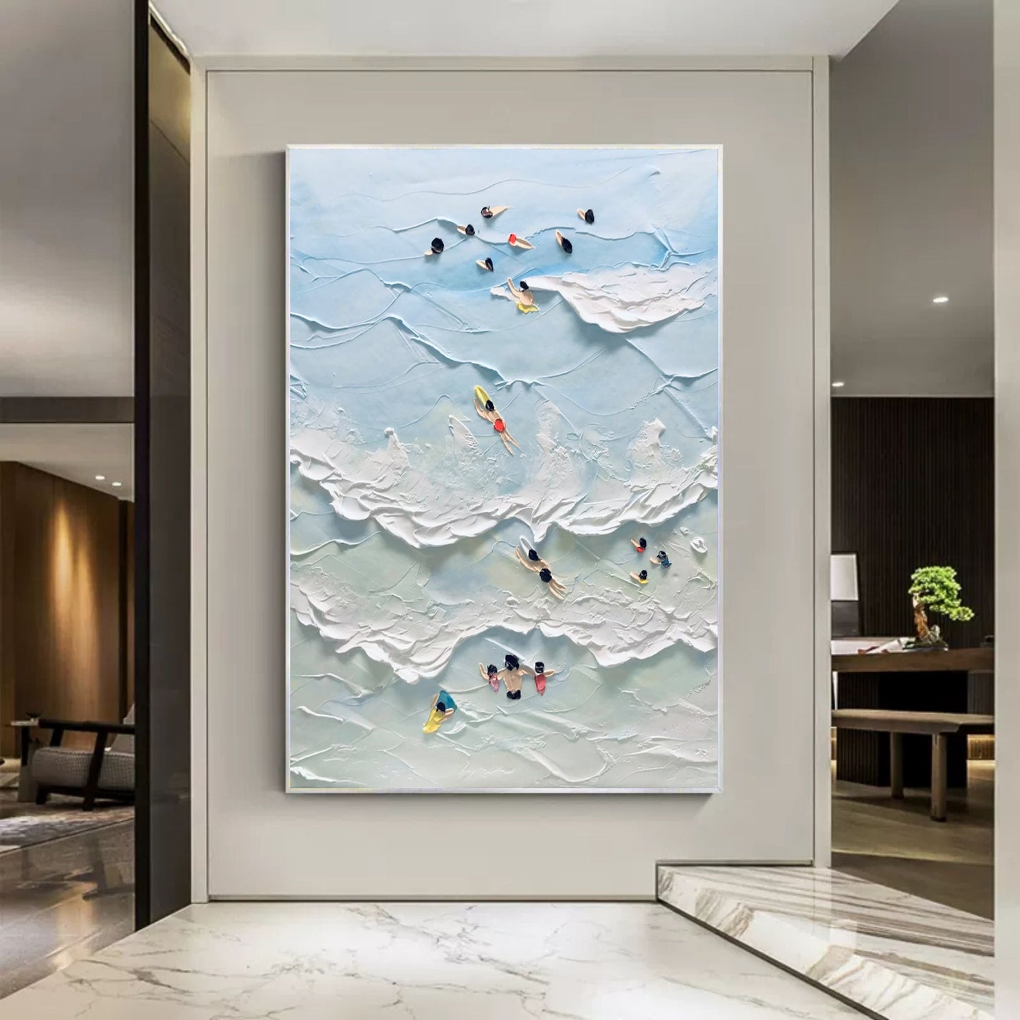 Abstract Coastal Scene with Swimmers - Textured Oil Painting Art