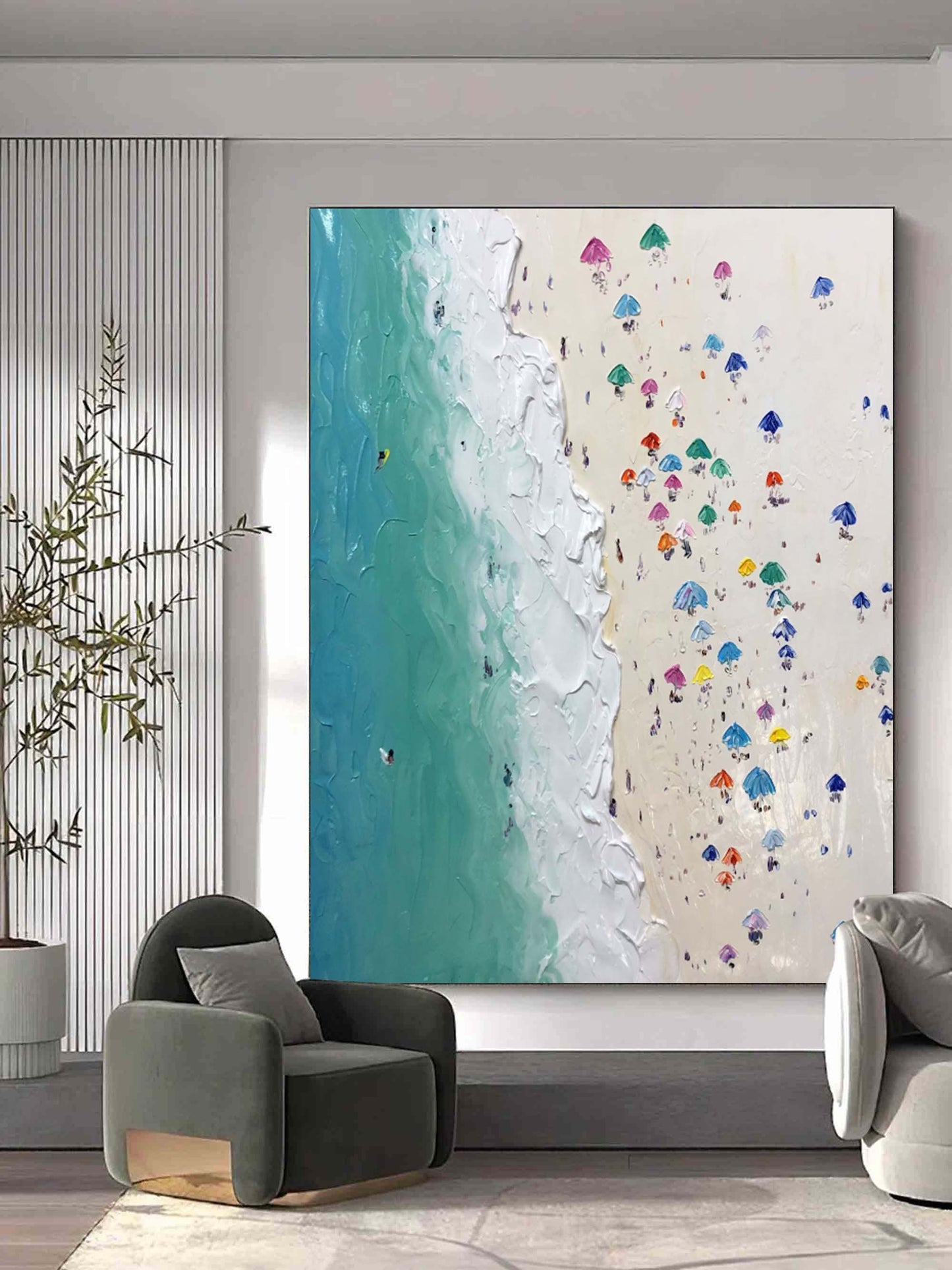 Vibrant Coastal Escape Oil Painting with Colorful Beach Umbrellas