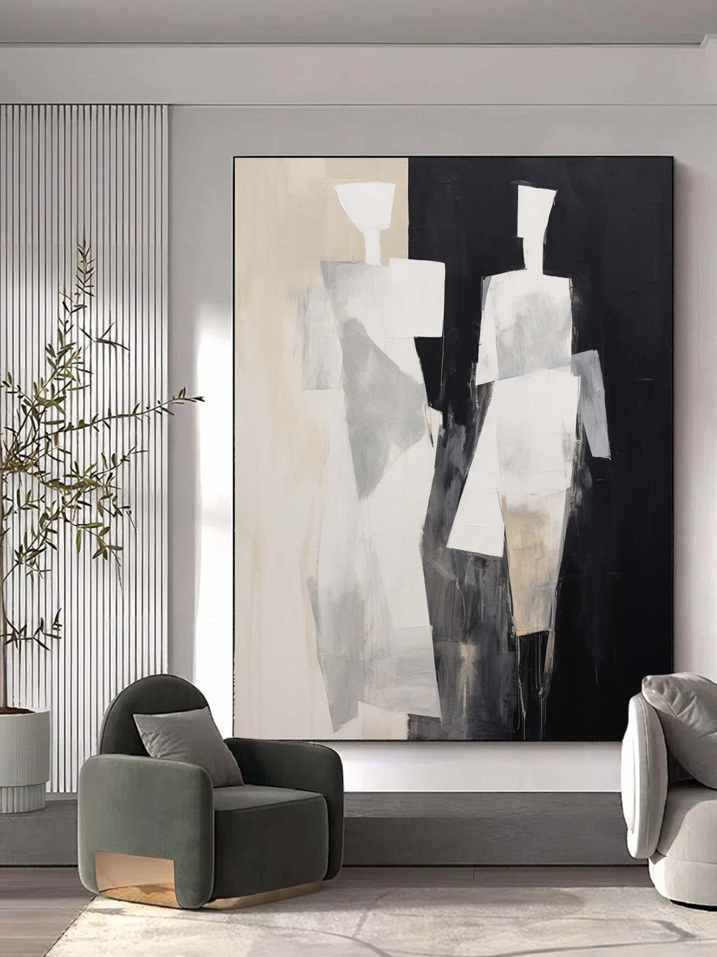 Abstract Black and White Minimalist Oil Painting for Modern Home Decor