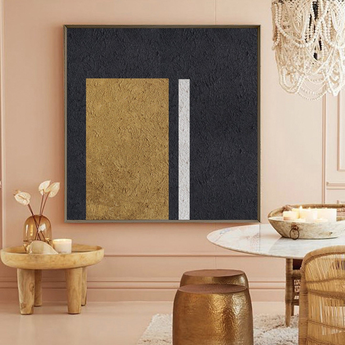 Elegant Black Gold White Minimalist Oil Painting for Modern Home Decor