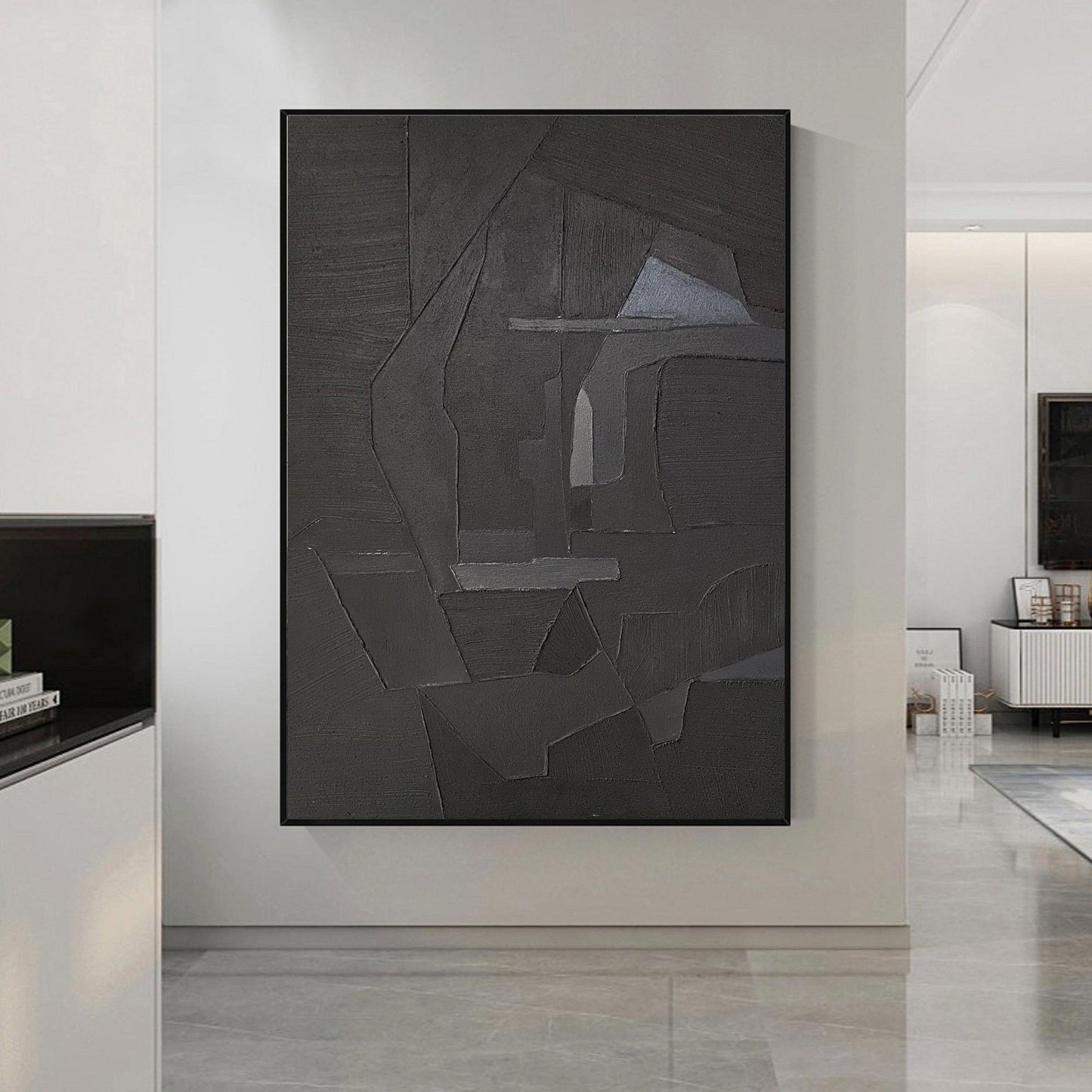 Contemporary Black Abstract Oil Painting for Modern Minimalist Home Décor