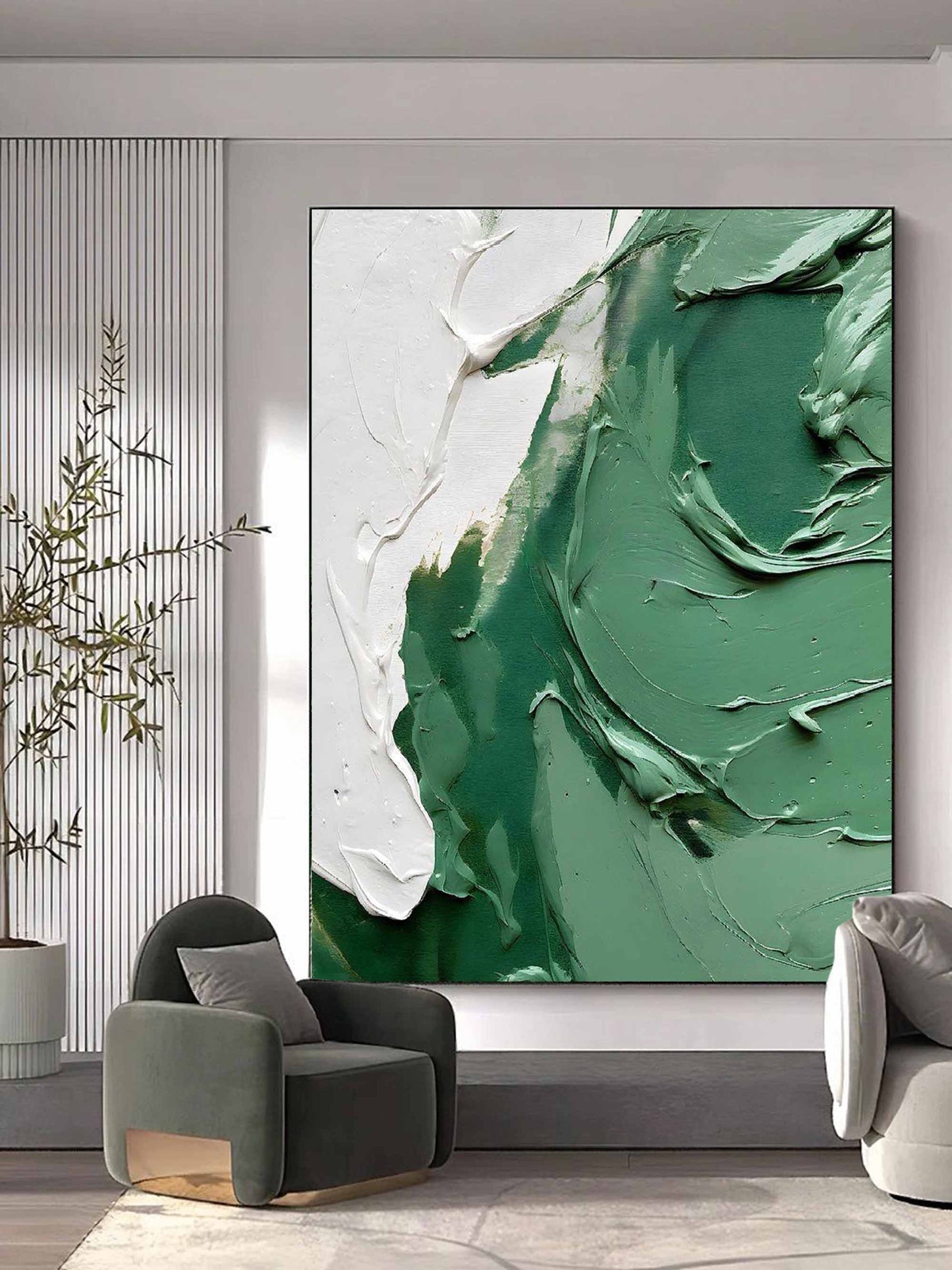 Abstract Green Textured Oil Painting with White Accents for Contemporary Home Decor