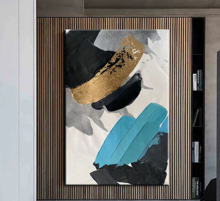 Contemporary Abstract Oil Painting with Gold and Blue Accents for Modern Decor