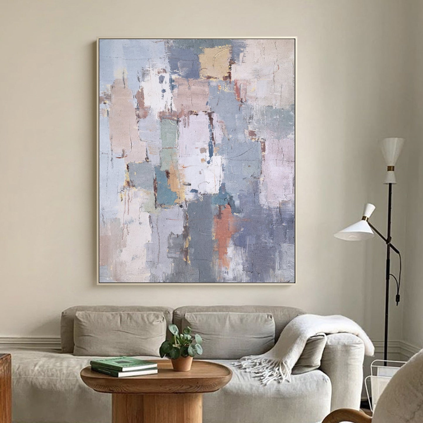 Contemporary Abstract Geometric Oil Painting in Soft Pastel Colors for Modern Decor