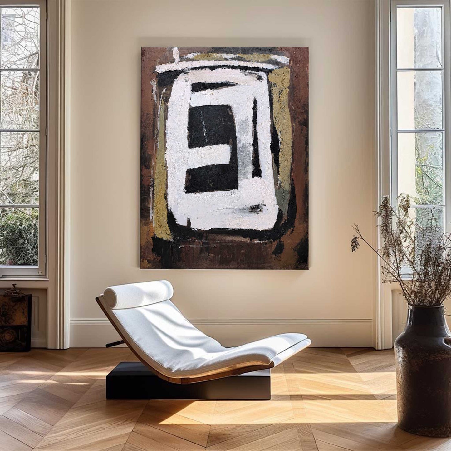 Contemporary Brown Abstract Oil Painting with Geometric Design for Modern Decor