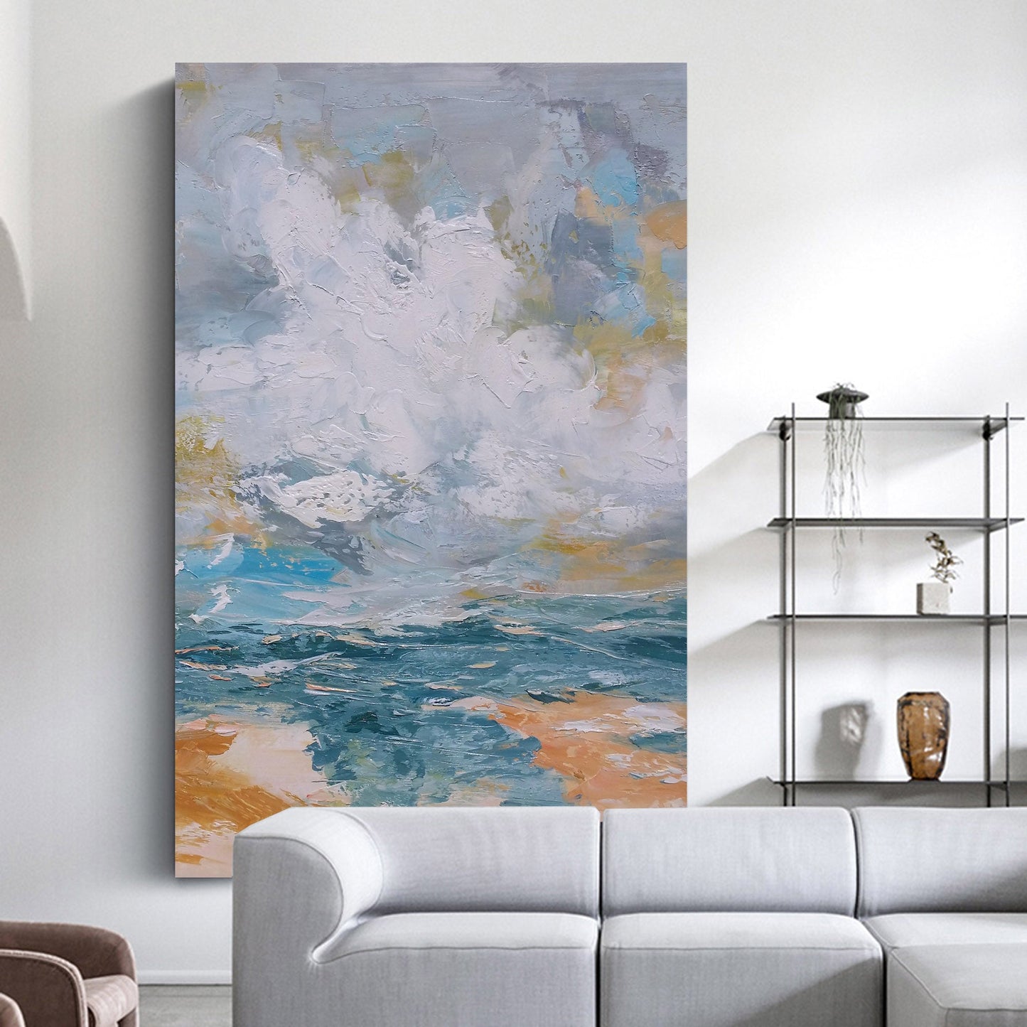 Vibrant Impressionist Seascape Oil Painting – Coastal Waves and Cloudy Skies
