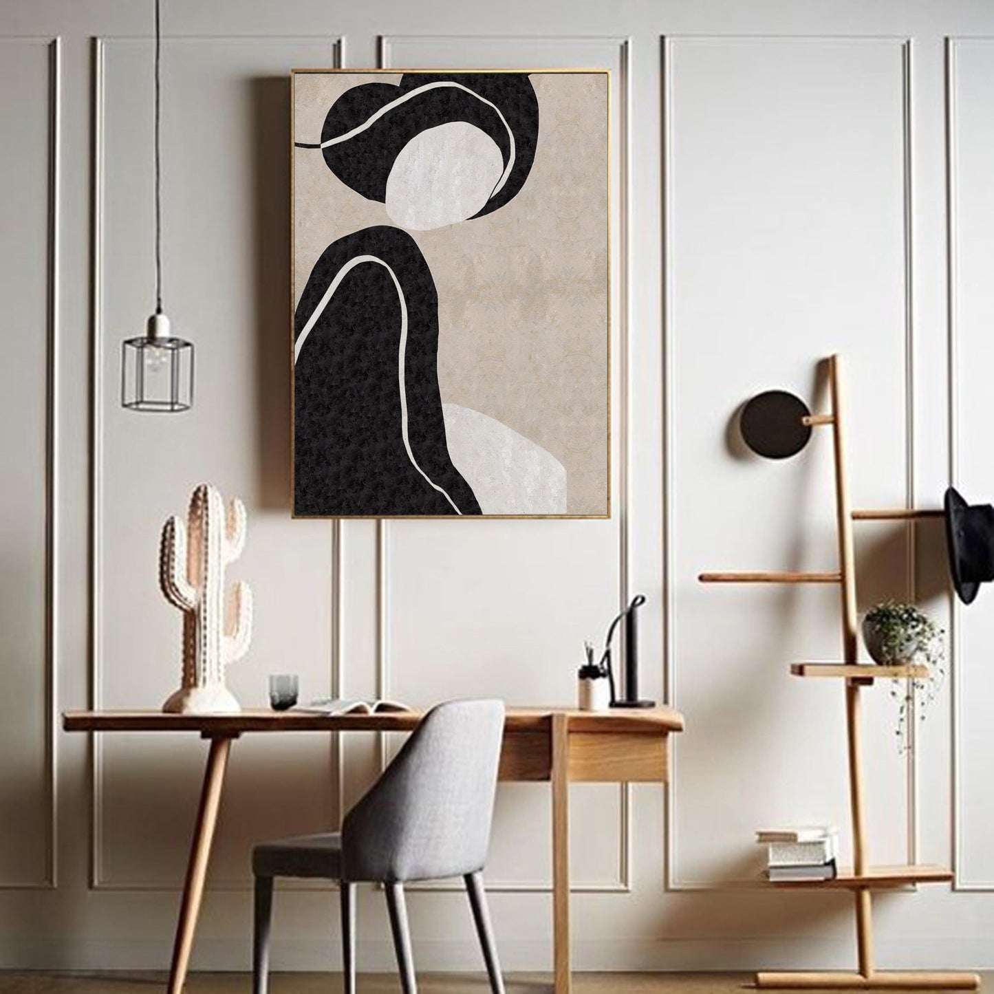 Elegant Black and White Minimalist Oil Painting for Modern Home Decor