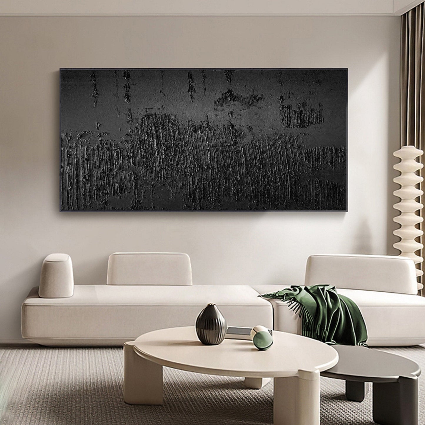 Textured Black Abstract Art - Modern Minimalist Oil Painting for Contemporary Decor