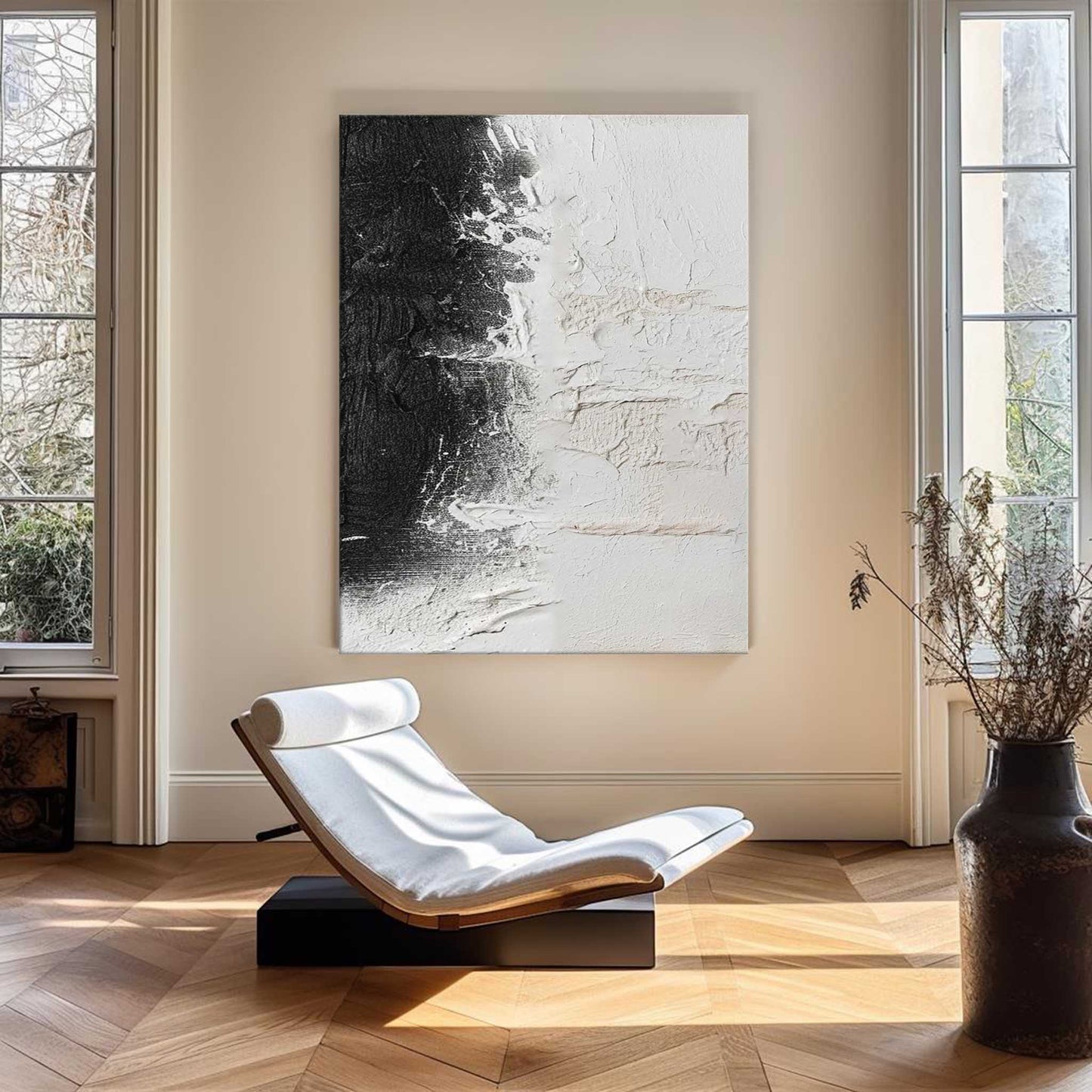 Black and White Modern Abstract Oil Painting for Contemporary Home Decor