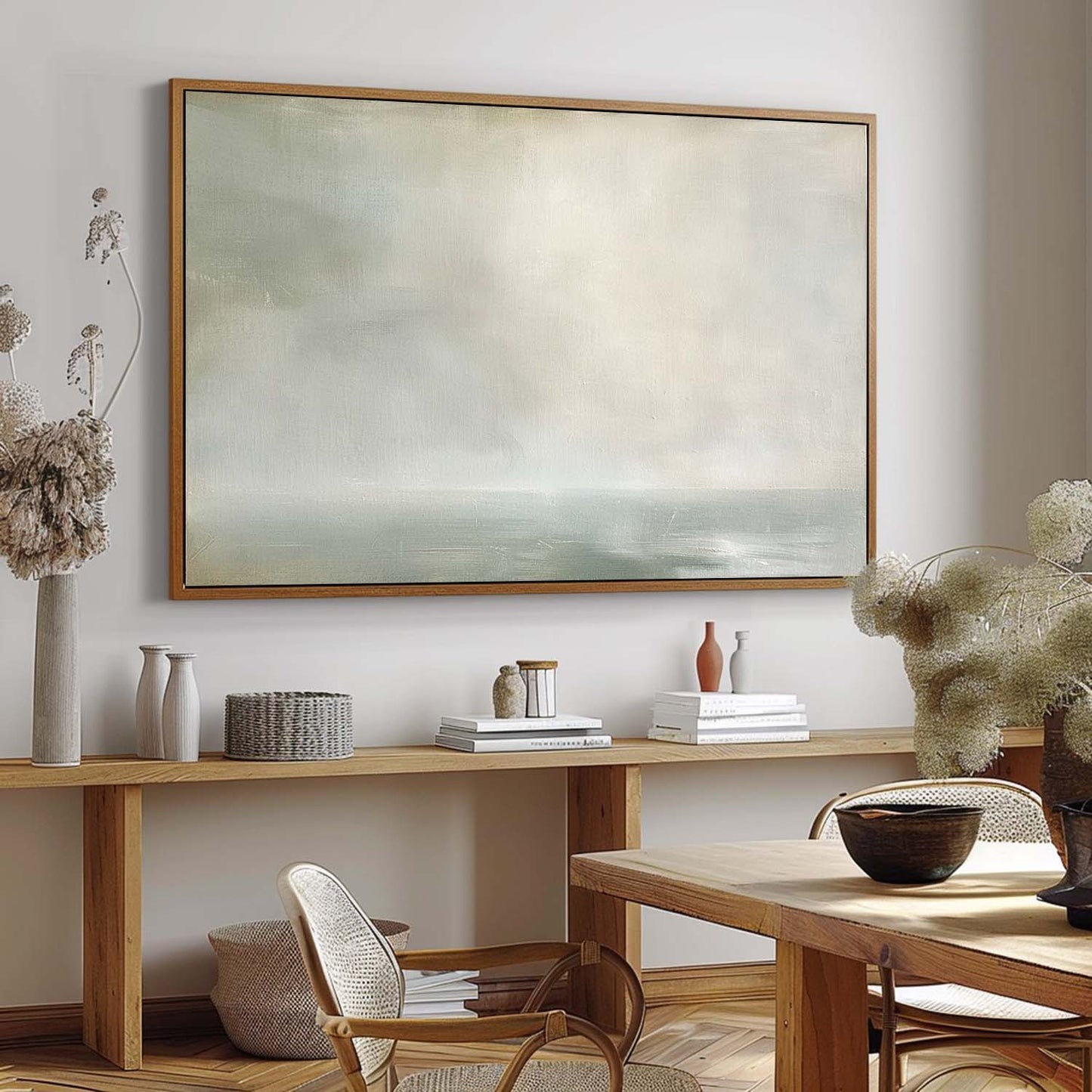 Serene Coastal Landscape Painting in Soft Hues for Tranquil Home Decor
