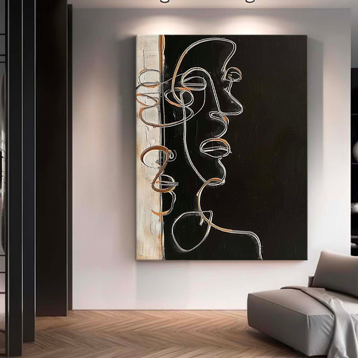 Modern Minimalist Abstract Line Art Portrait Oil Painting for Contemporary Decor