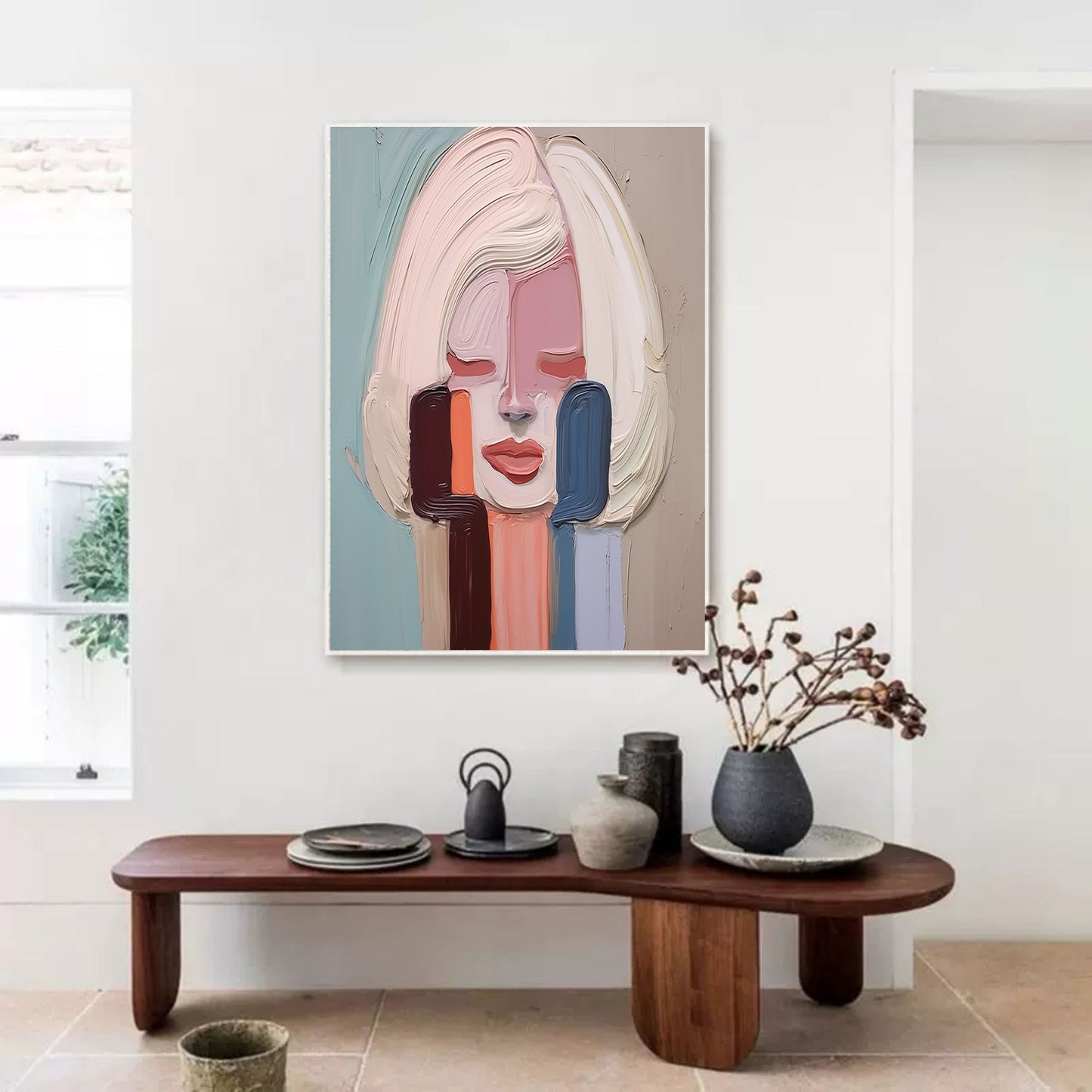 Contemporary Abstract Oil Painting of a Serene Woman with Soft Pastel Colors