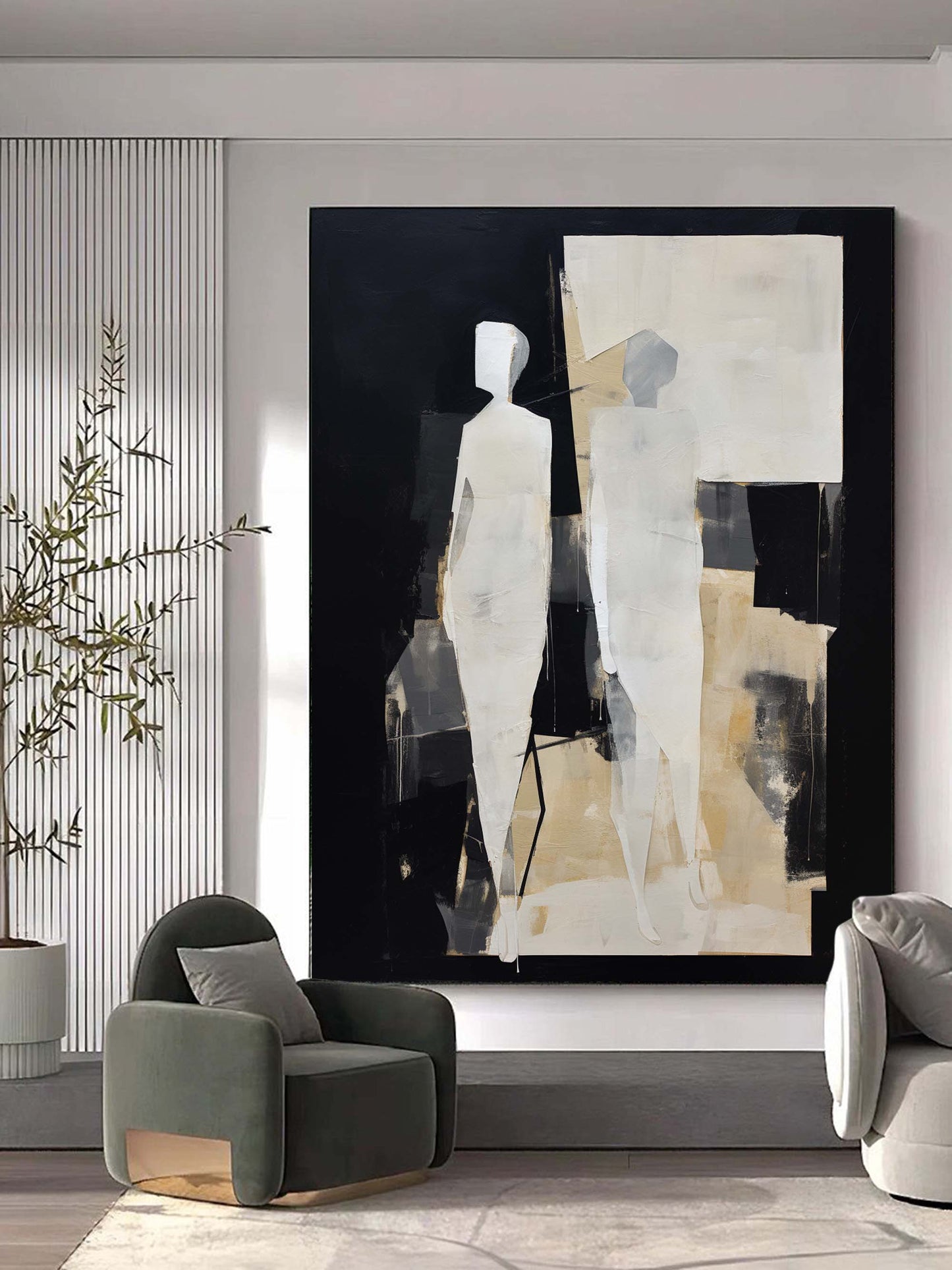 Modern Abstract Oil Painting of Figures in Minimalist Black and White Composition