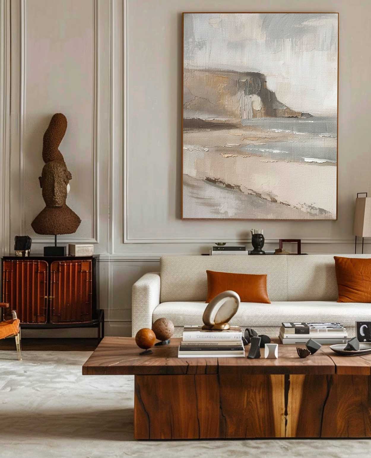 Serene Coastal Landscape Oil Painting in Earthy Tones for Elegant Home Decor
