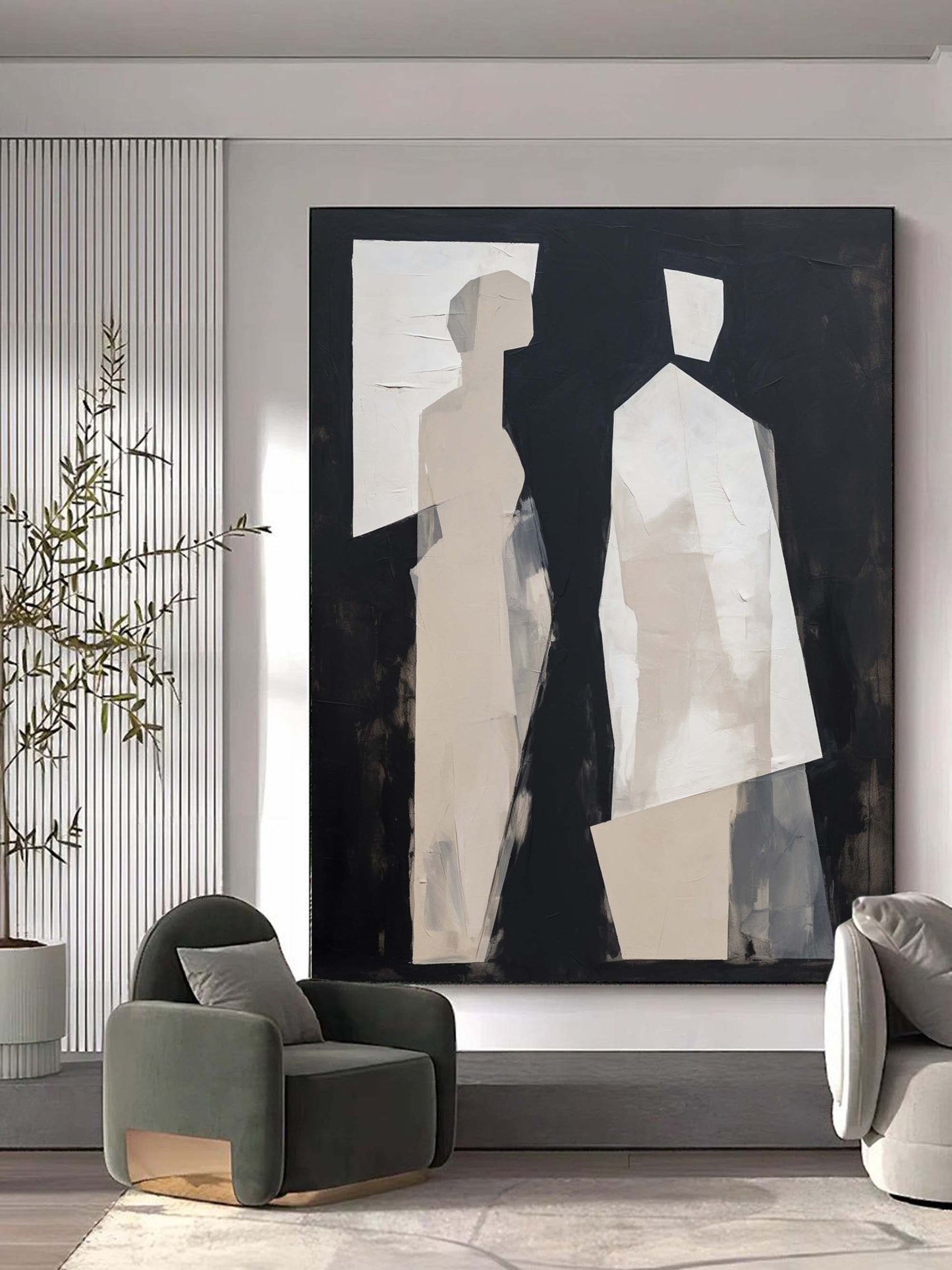 Modern Minimalist Oil Painting of Abstract Figures in Black and White