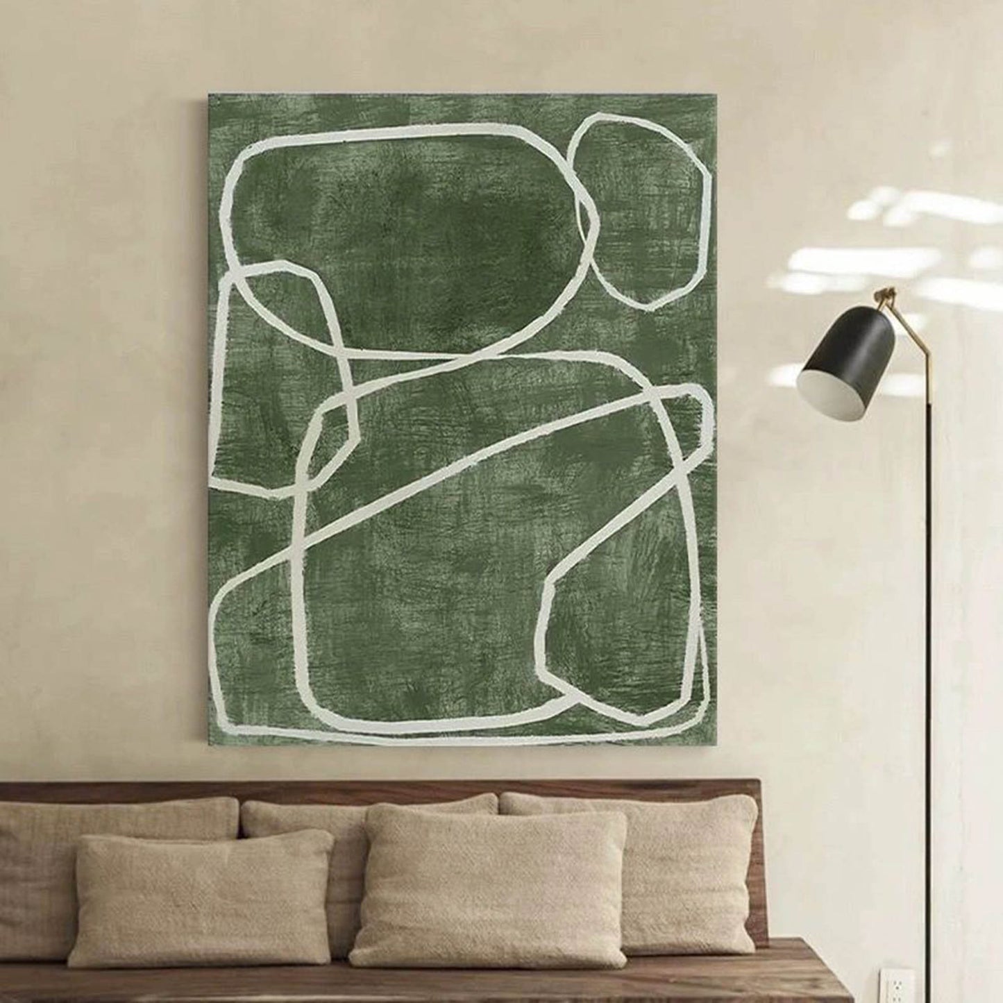 Abstract Green Oil Painting with Bold White Lines for Modern Home Decor