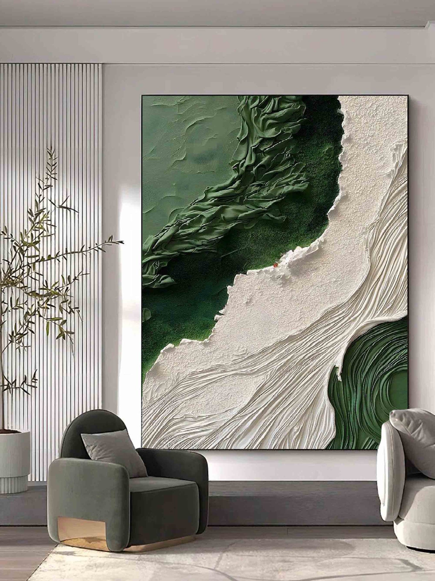Serene Green and White Landscape Oil Painting for Elegant Home Decor