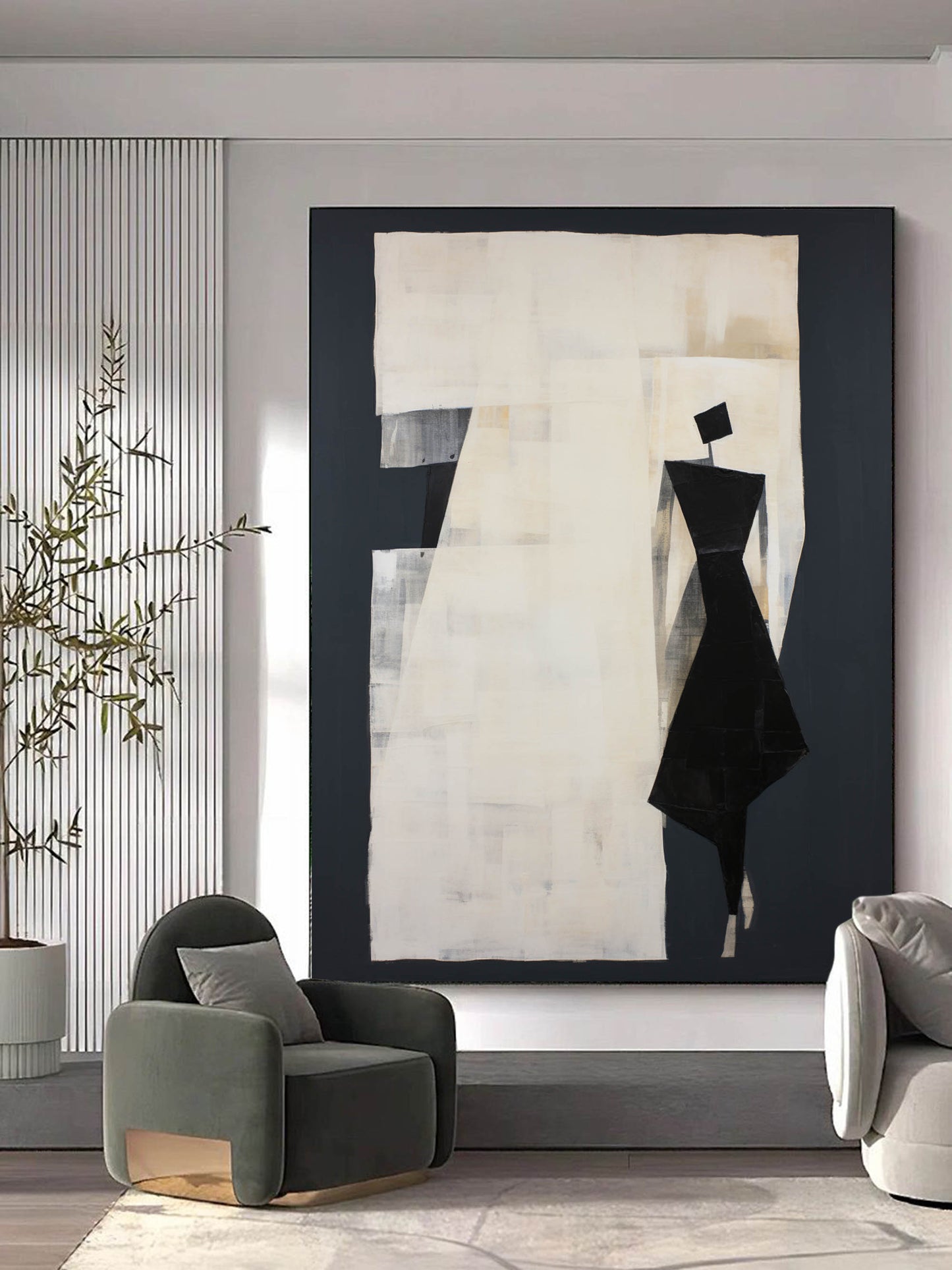 Elegant Black and White Minimalist Oil Painting for Modern Home Decor