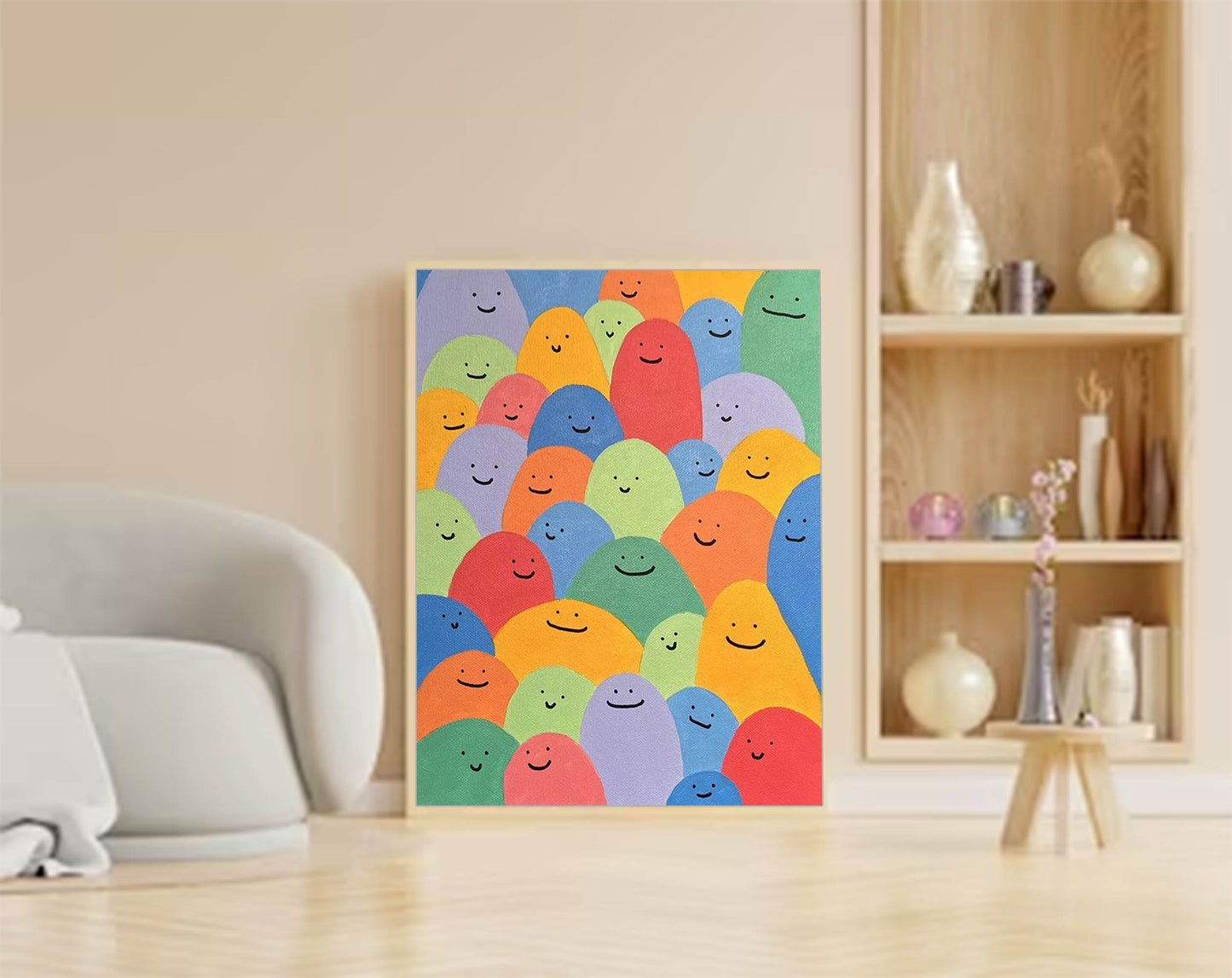 Colorful Abstract Oil Painting of Happy Faces – Cheerful Canvas Wall Art Decor