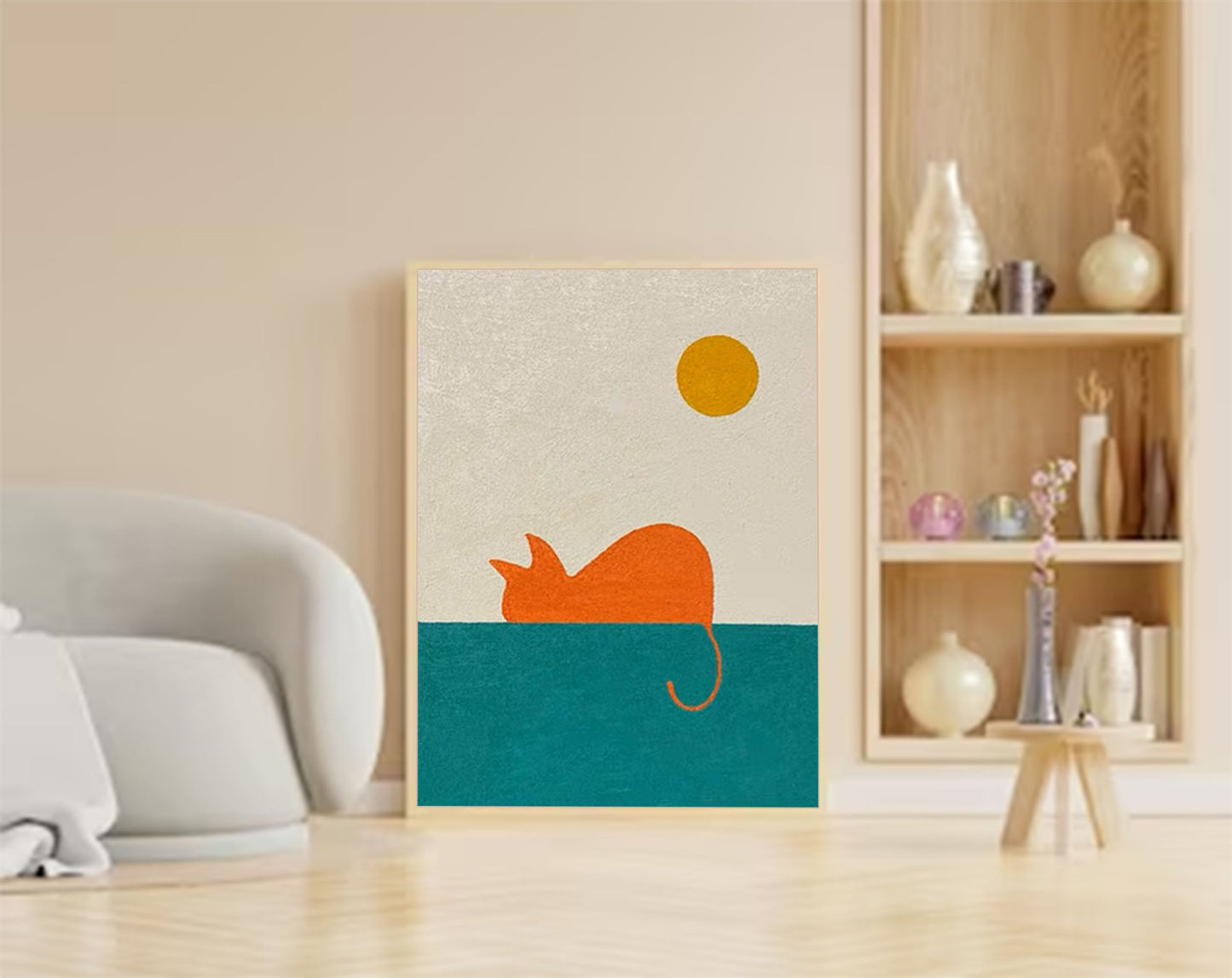 Colorful Cat Oil Painting with Sun and Sea | Abstract Animal Canvas Art for Home Decor
