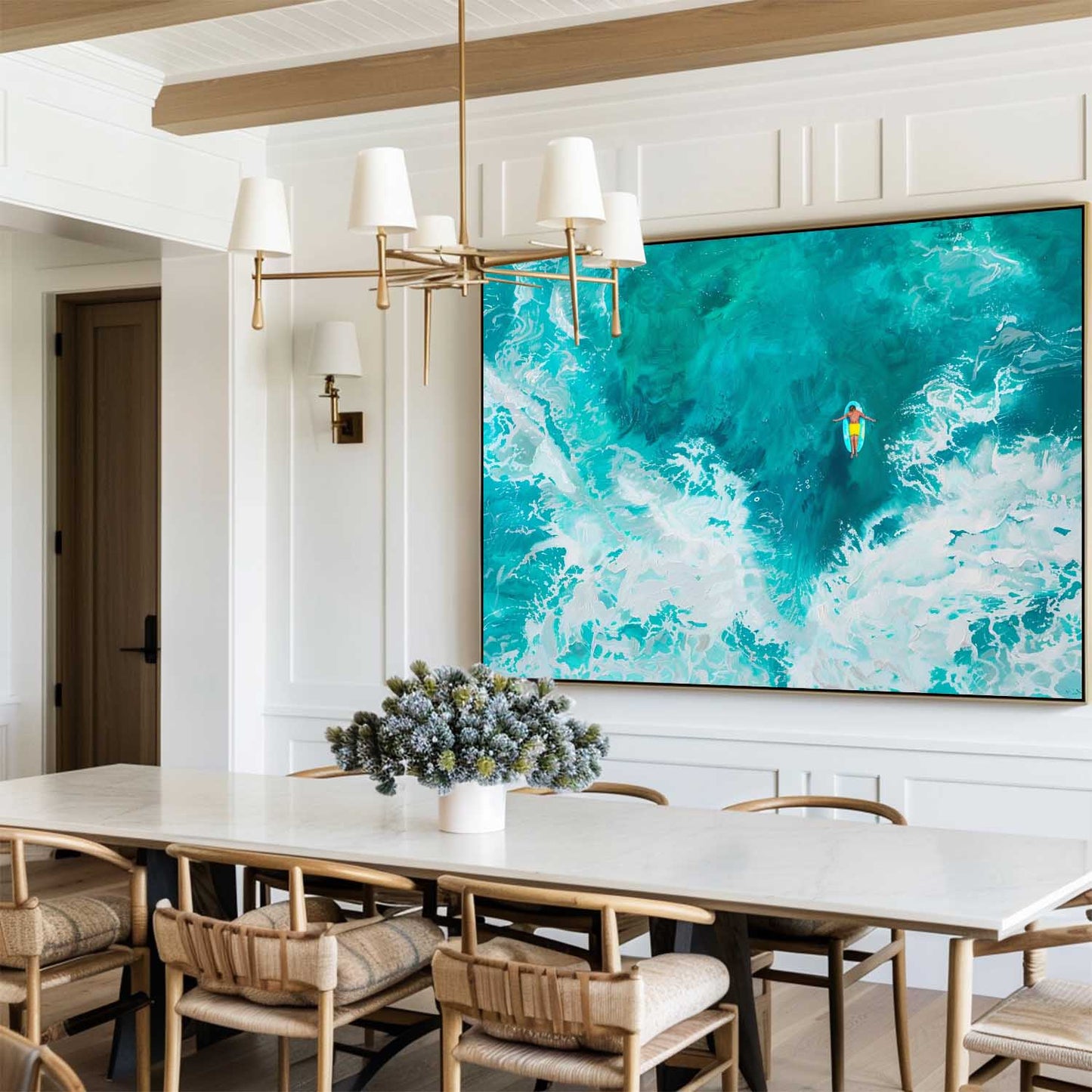 Vibrant Ocean Surfing Scene – Captivating Coastal Oil Painting for Beach Lovers